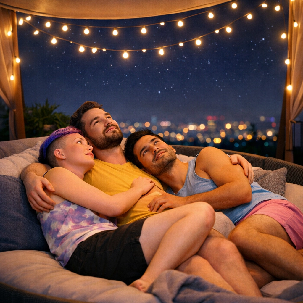A close group of queer friends lounging together, representing diverse relationship dynamics and chosen family bonds.