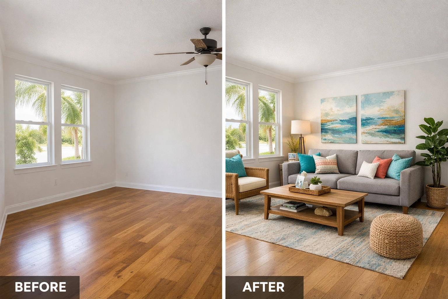 Before and after virtual staging of Florida living room showing empty space transformed with furniture