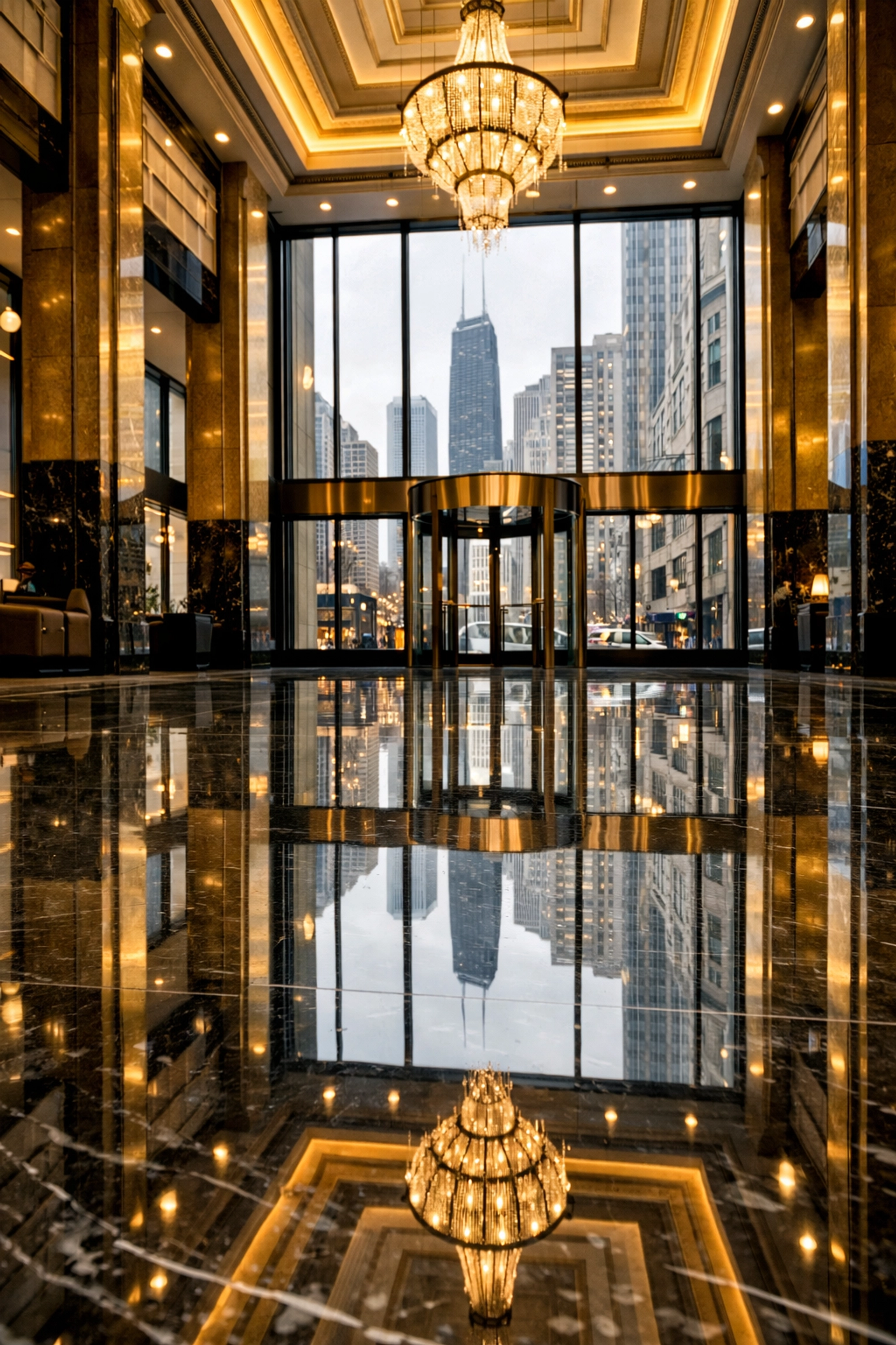 Spotless marble lobby floor in a Chicago office building, expertly maintained for winter salt removal.