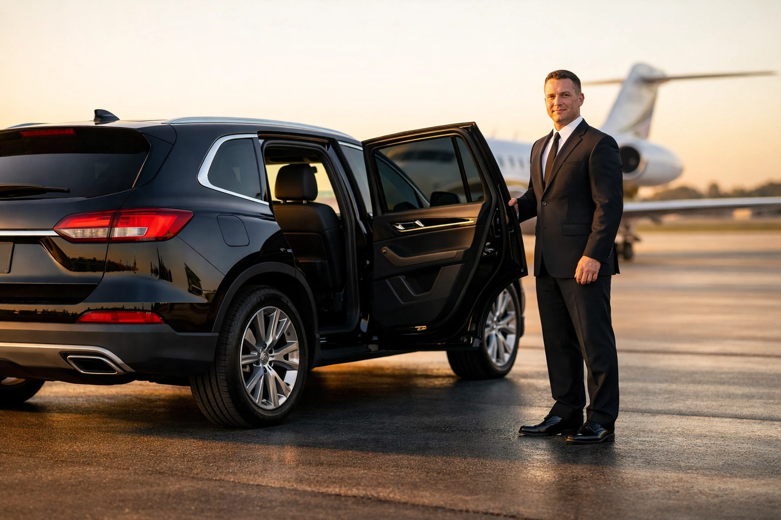 NEWSLETTER: The Fastest Way to Master Super Bowl Executive Logistics – Your 48-Hour Emergency Playbook for Game Day Success Luxury SUV with professional chauffeur ready for executive Super Bowl transportation