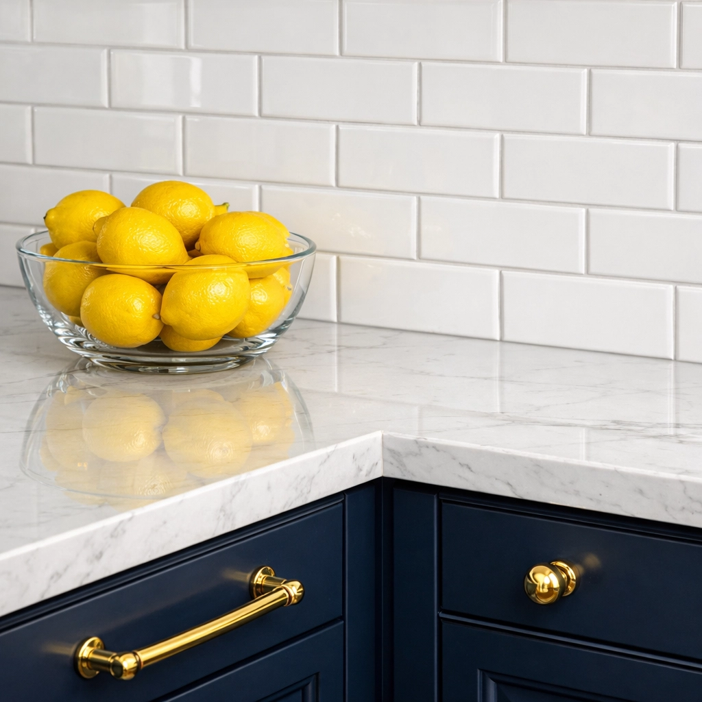 Spotless marble countertops in a luxury kitchen, showcasing professional deep cleaning results.