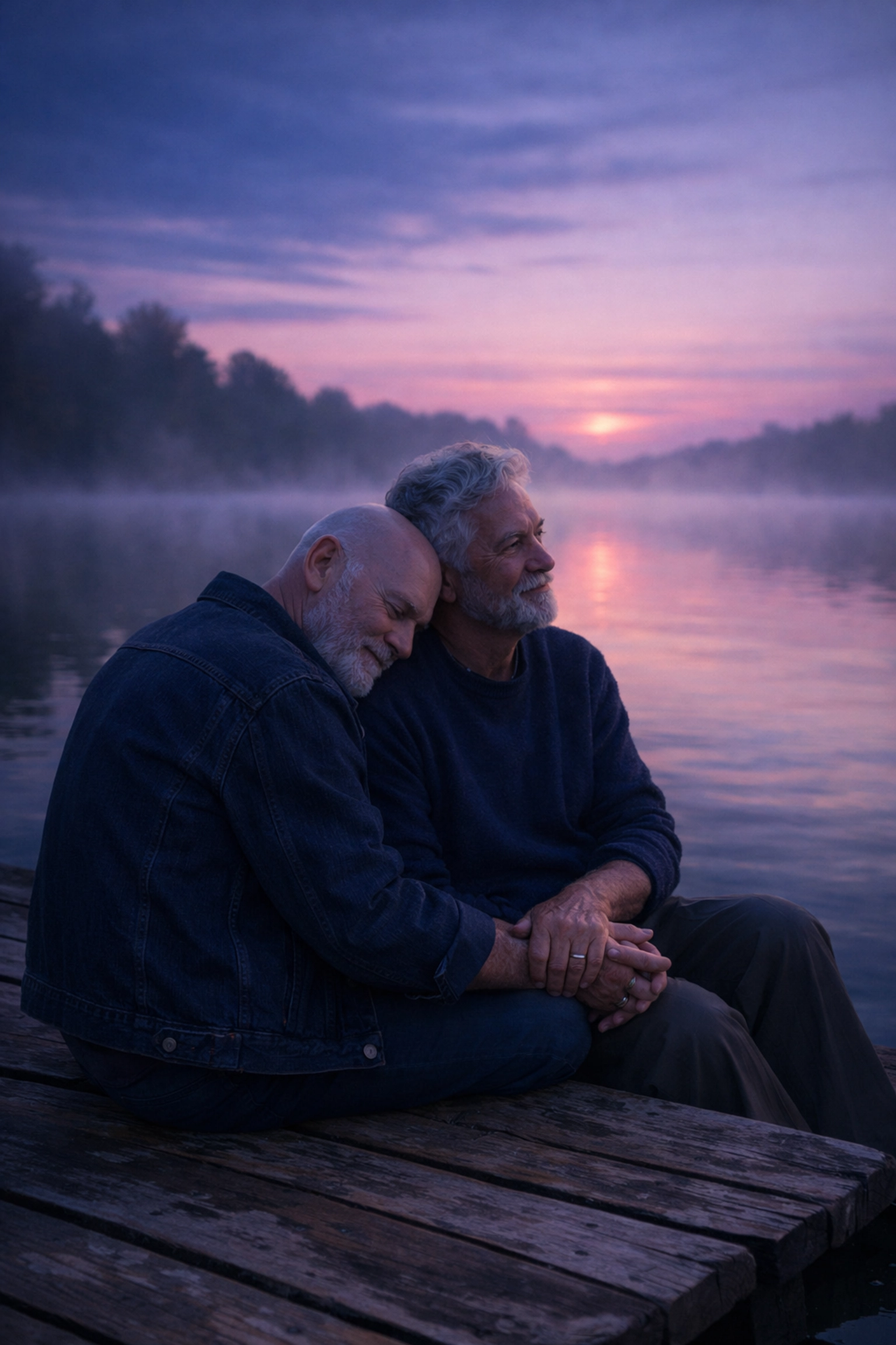 A mature gay couple sitting on a dock at dawn, representing the themes of heartfelt gay fiction.