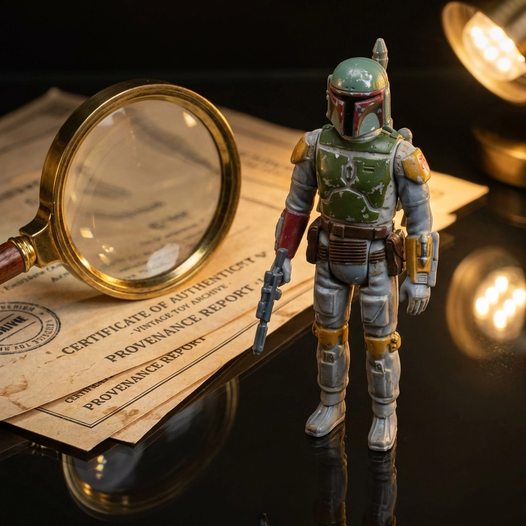 Authentic vintage Boba Fett figure with a magnifying glass and certification documents.