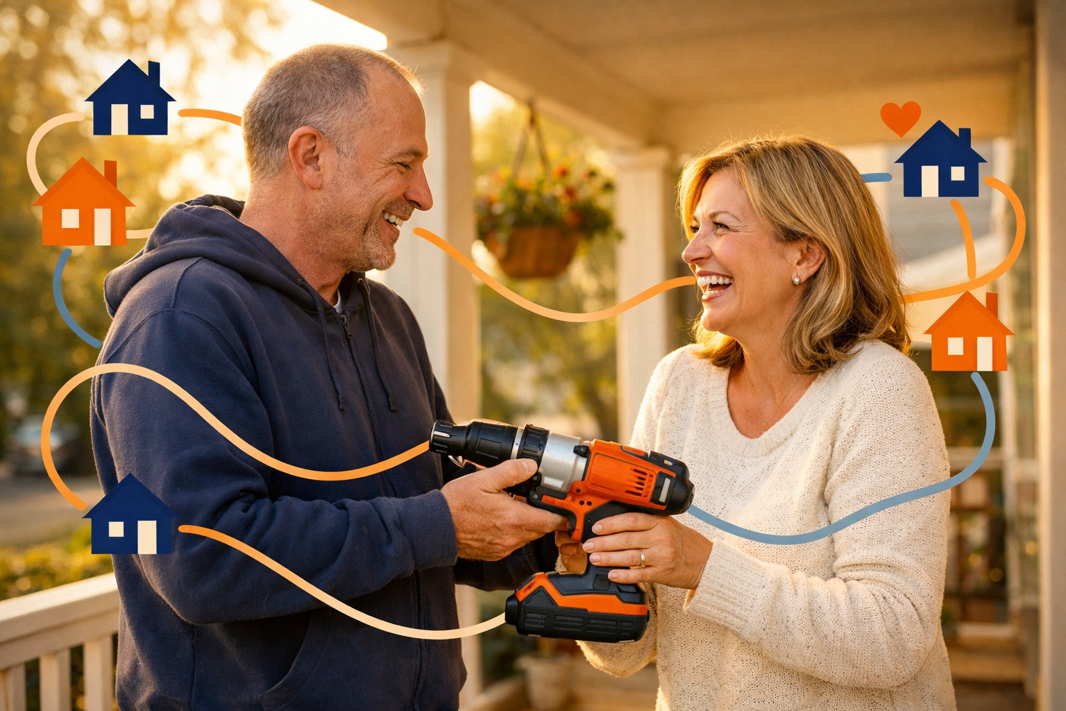Neighbors sharing a specialized power tool on a porch, highlighting the community aspect of peer-to-peer renting.