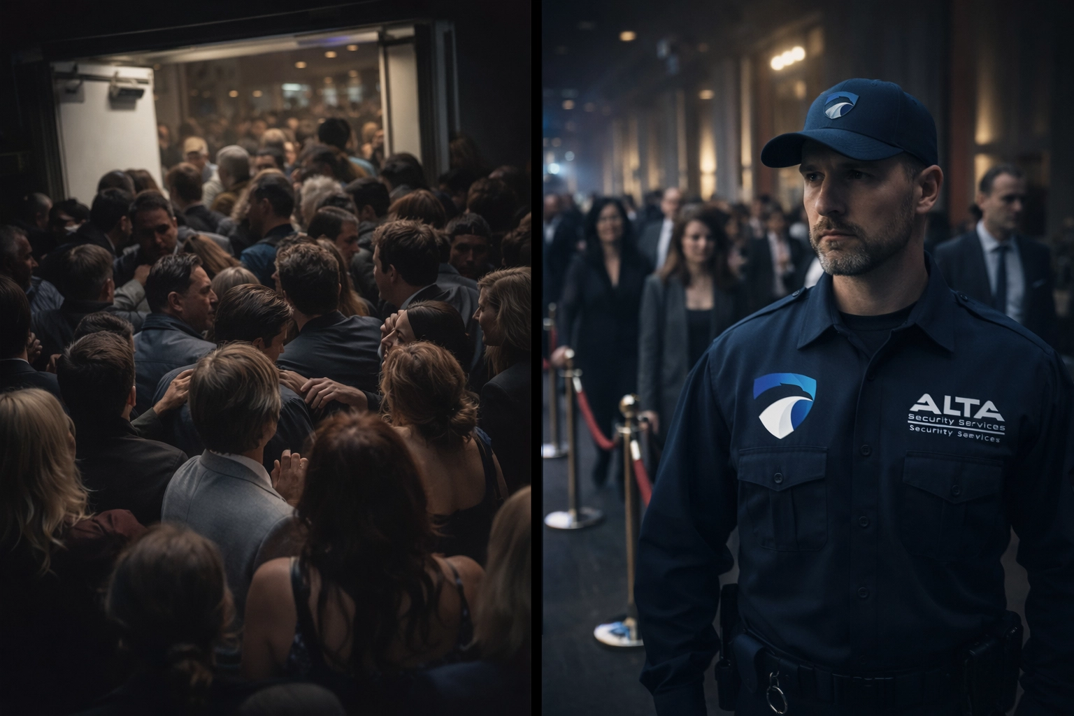 Comparison showing chaotic unprotected event versus controlled professional security presence