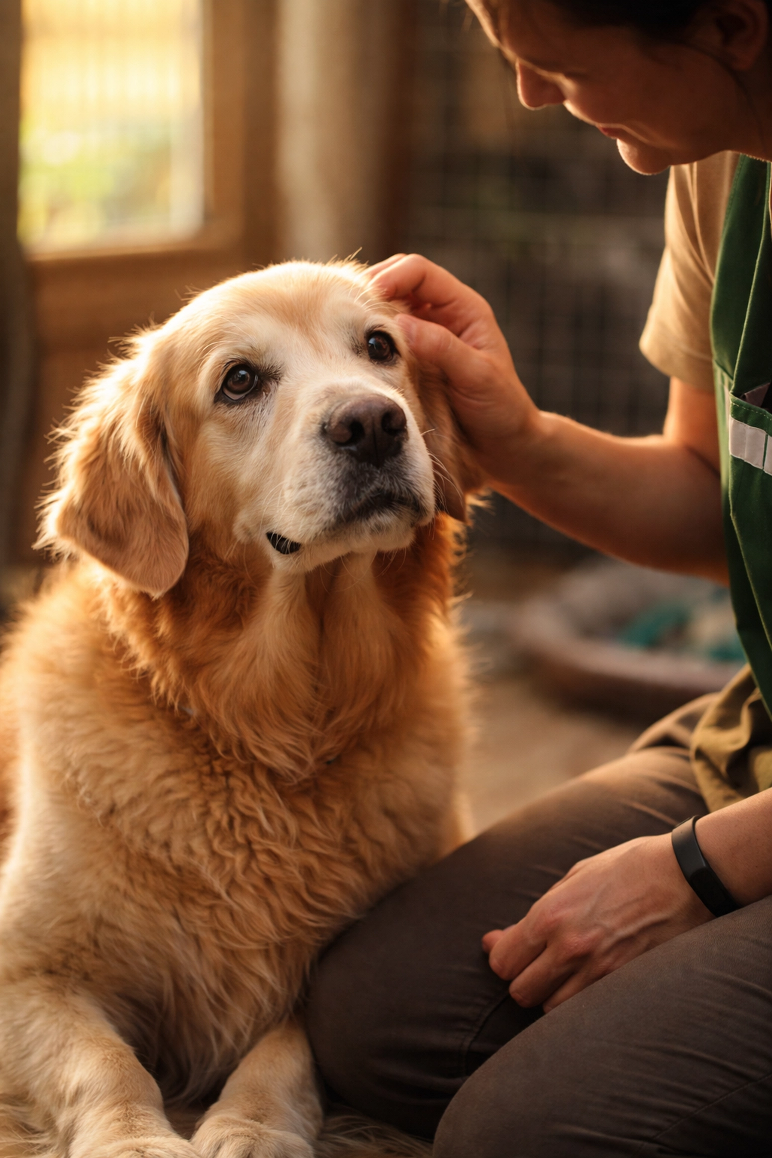 Shelter volunteer bonding with a senior golden retriever at a dog rescue facility