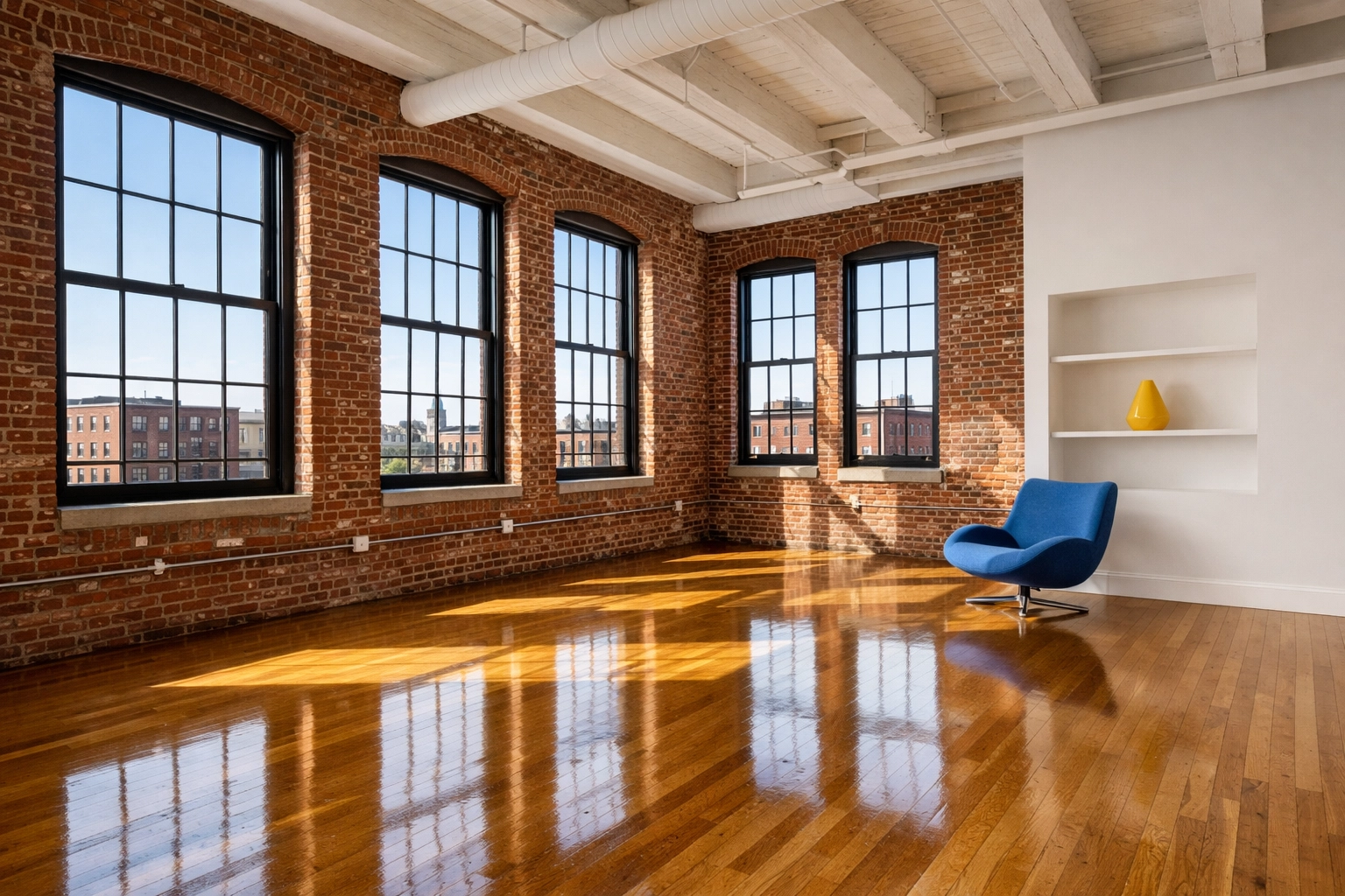 Pristine empty industrial loft in Lowell MA after a professional move-out cleaning service.