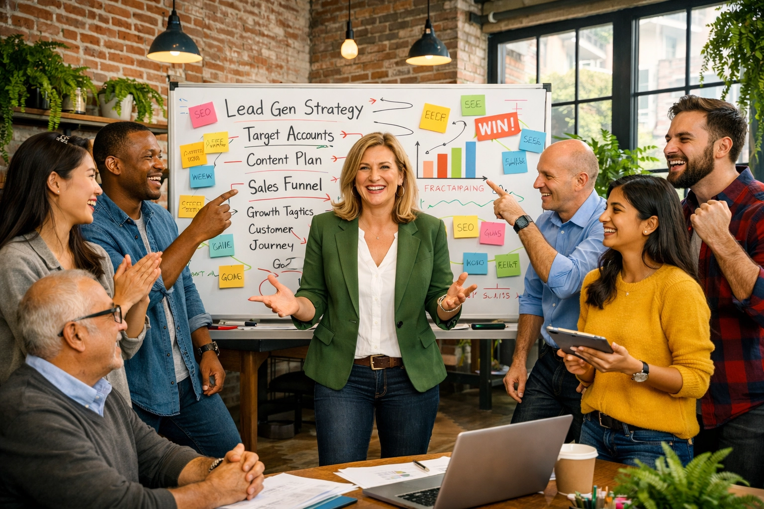 Fractional CMO leading a high-energy B2B marketing team during a collaborative strategy meeting.