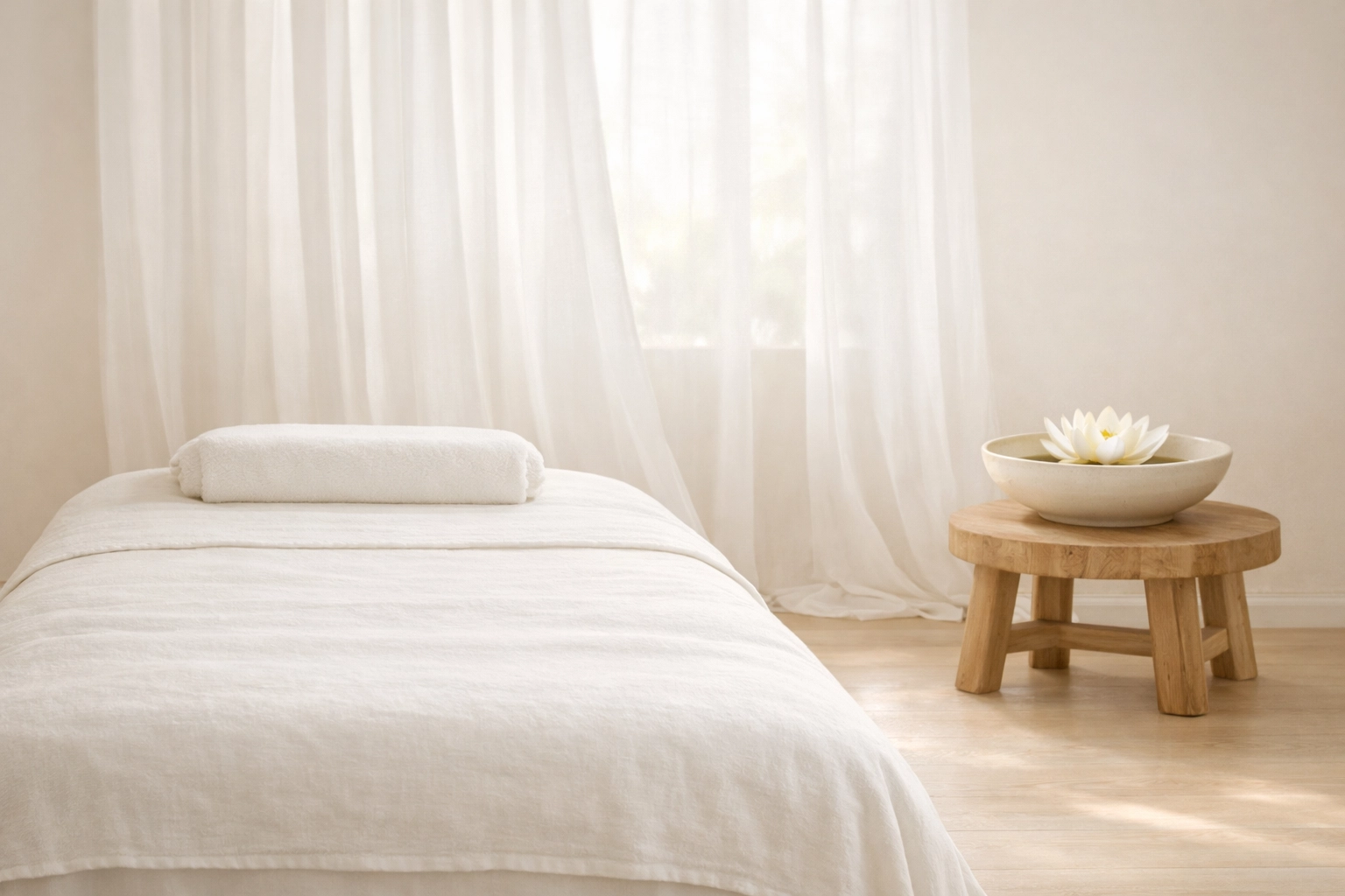 Serene spa-like healing sanctuary with a massage table and sunlight for holistic pain management sessions.