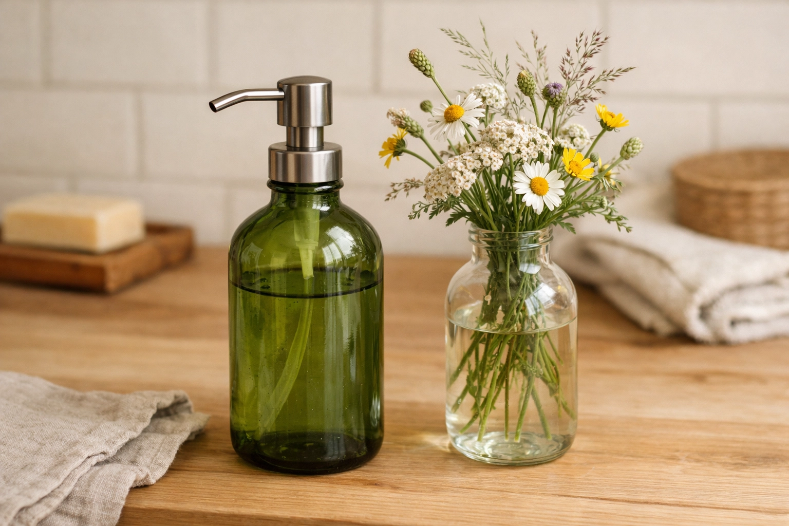 Upcycled glass bottle repurposed as a soap dispenser alongside a bottle vase with flowers