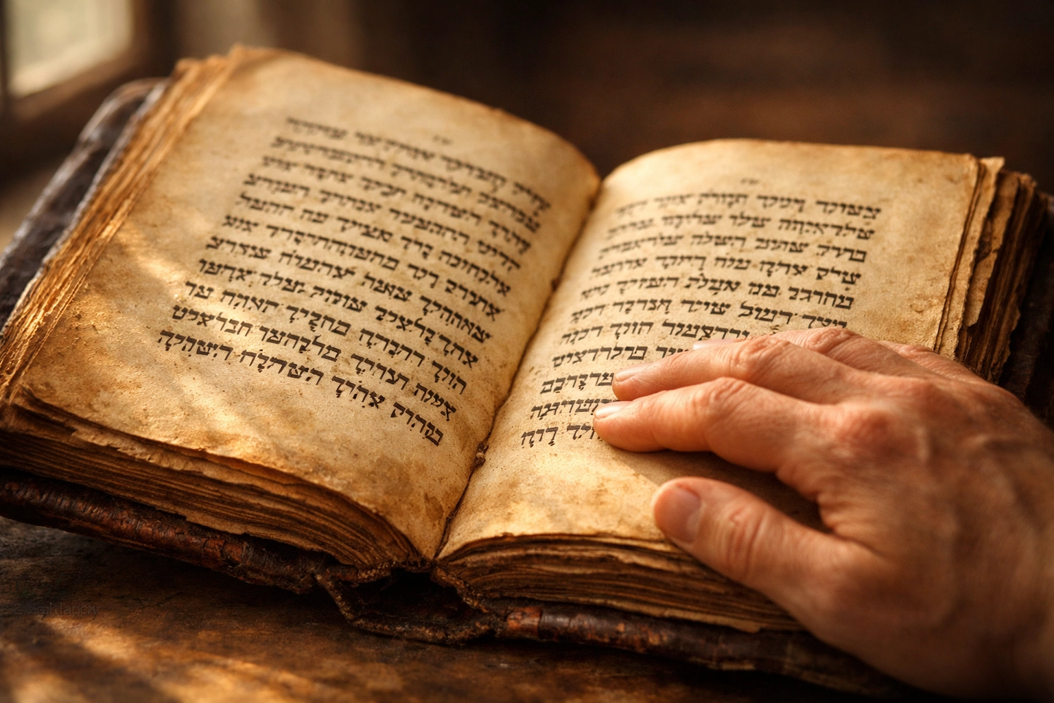 Ancient Hebrew text with hand showing stewardship principles written on hearts