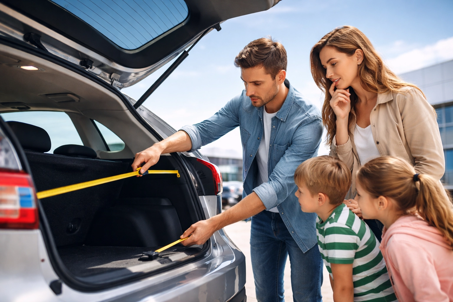 Family measuring car boot space at a dealership, considering practical needs when buying a used car in South Wales.