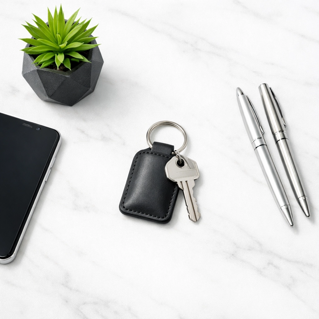 Minimalist desk with keys representing low-touch recurring revenue and automated property management systems.