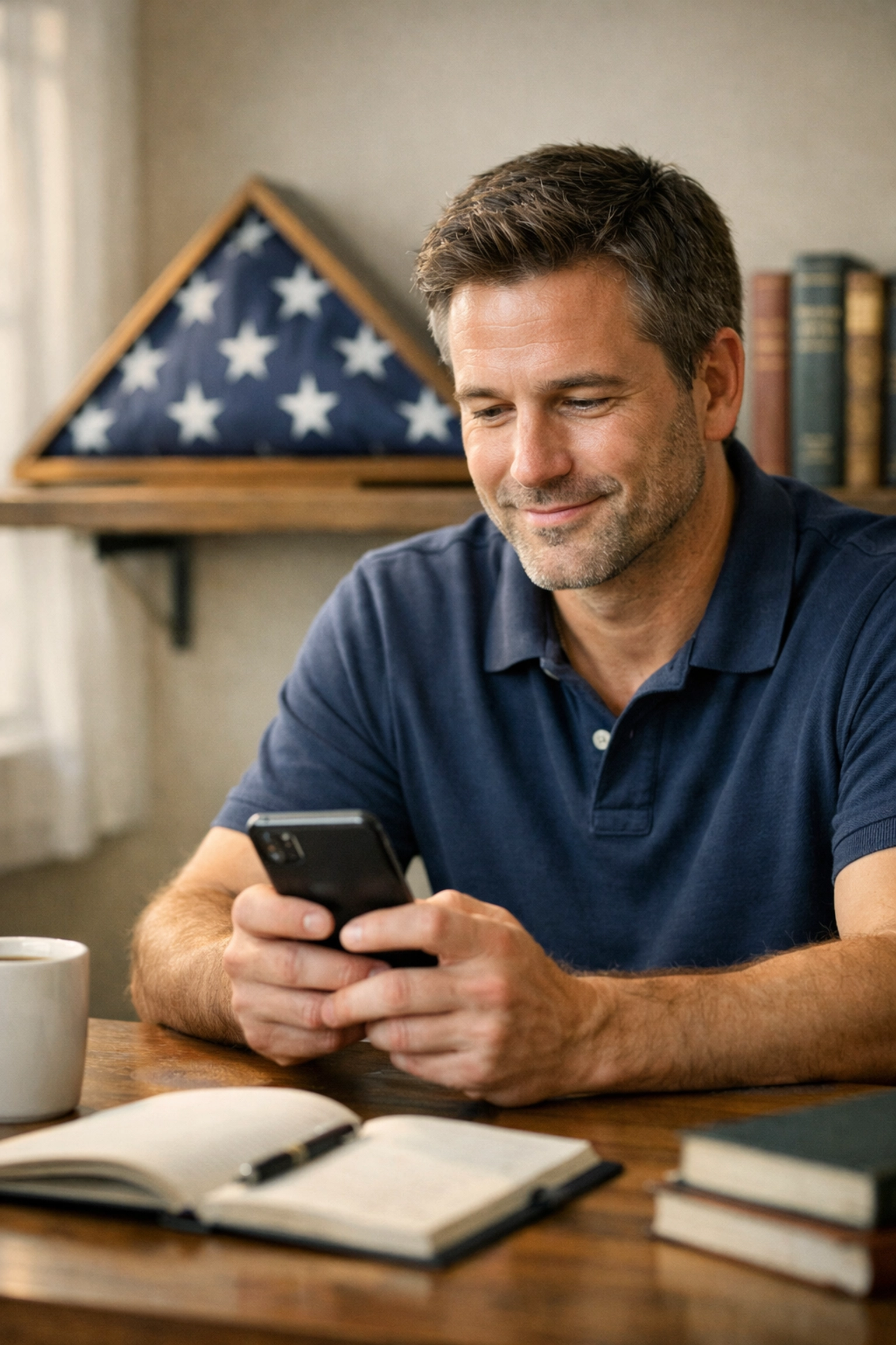 A man reflects on civic values while reading a daily Pledge Allegiance update on his smartphone.
