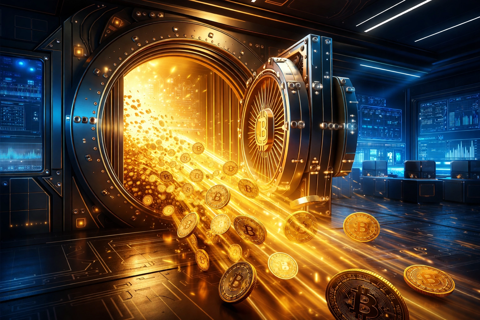 Blockchain vault opening with streams of cryptocurrency tokens, symbolizing web3 merchant self-custody and financial control