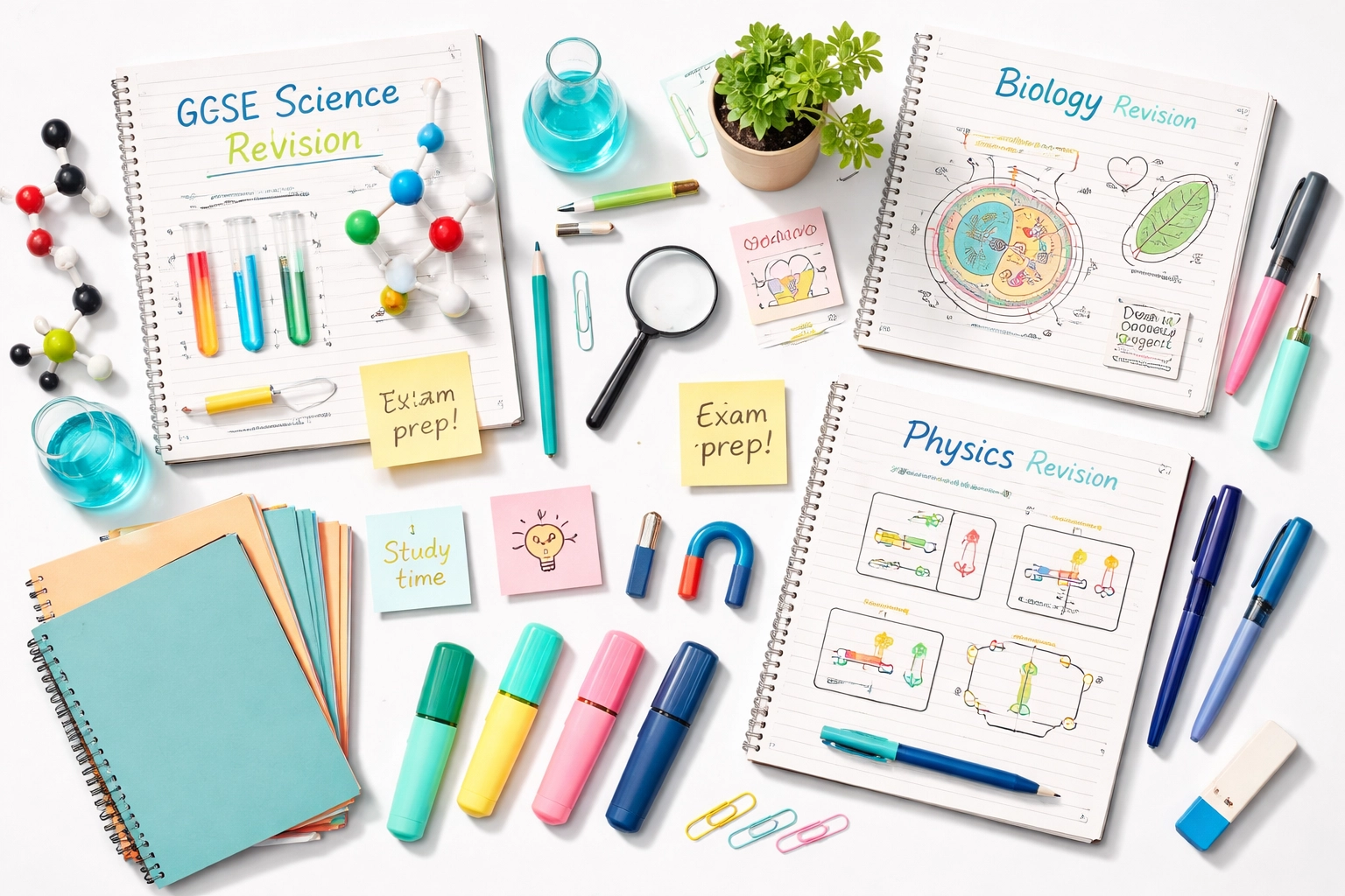 Complete GCSE Science revision setup featuring Chemistry, Biology, and Physics study aids on white background