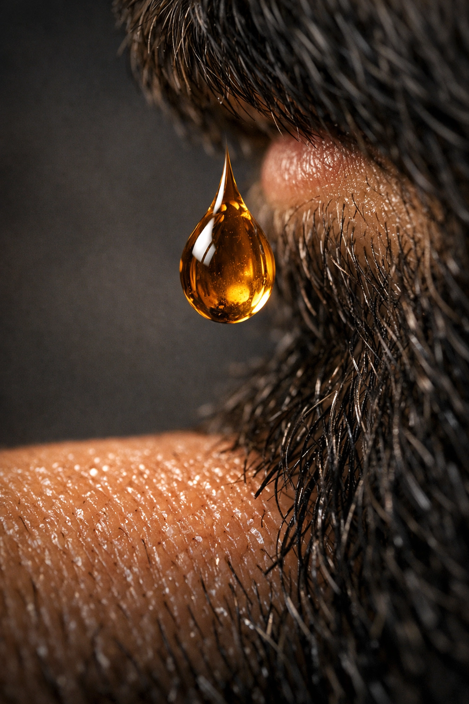 Drop of amber beard oil about to penetrate the skin for professional-grade hydration.