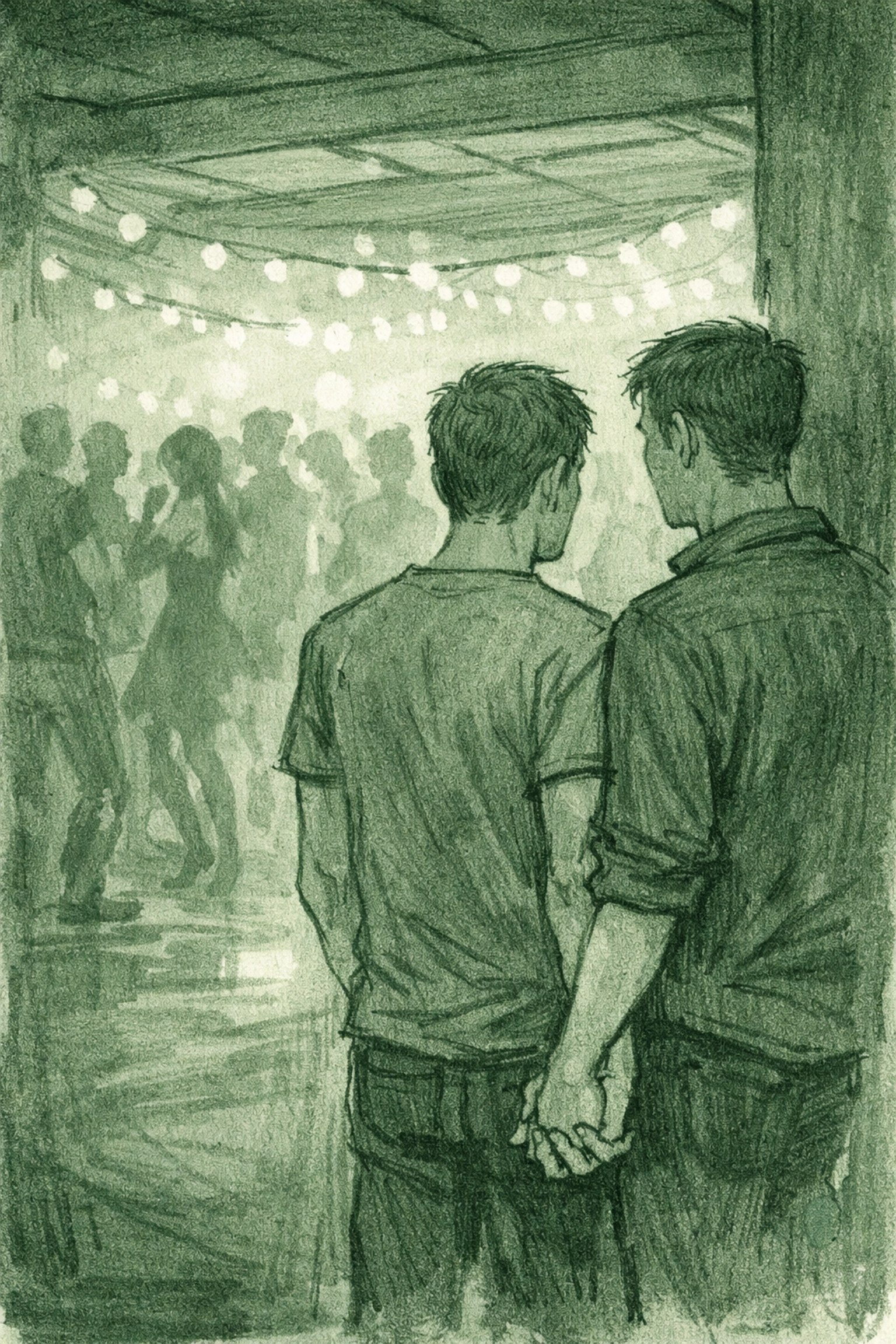 Two men holding hands at underground campus party - gay nightlife romance