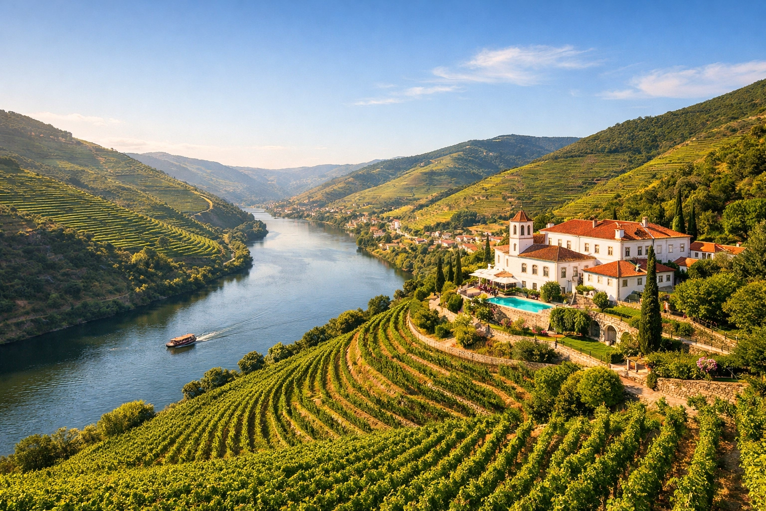 Scenic terraced vineyards and a luxury estate overlooking the Douro River in Portugal.