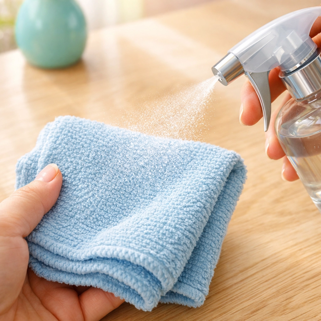 Spraying cleaning solution onto a microfiber cloth for safe house cleaning in Cedar Falls.