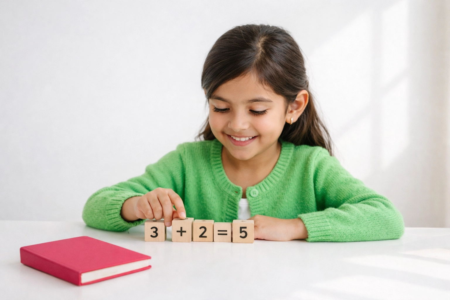 Lachend kind oefent rekenen met houten blokjes die de som 3 + 2 = 5 vormen aan een rustig bureau.