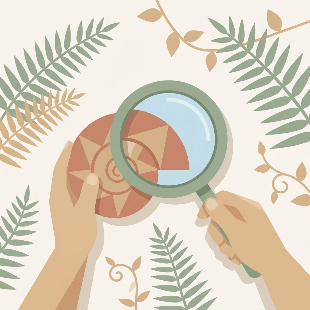 Child using magnifying glass to examine spiral snail shell, fern, and vine: discovering natural patterns on the farm