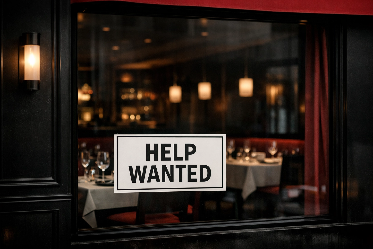 Staffing struggles visual: minimalist upscale storefront window with a clean 'Help Wanted' sign and a moody, empty dining room feel