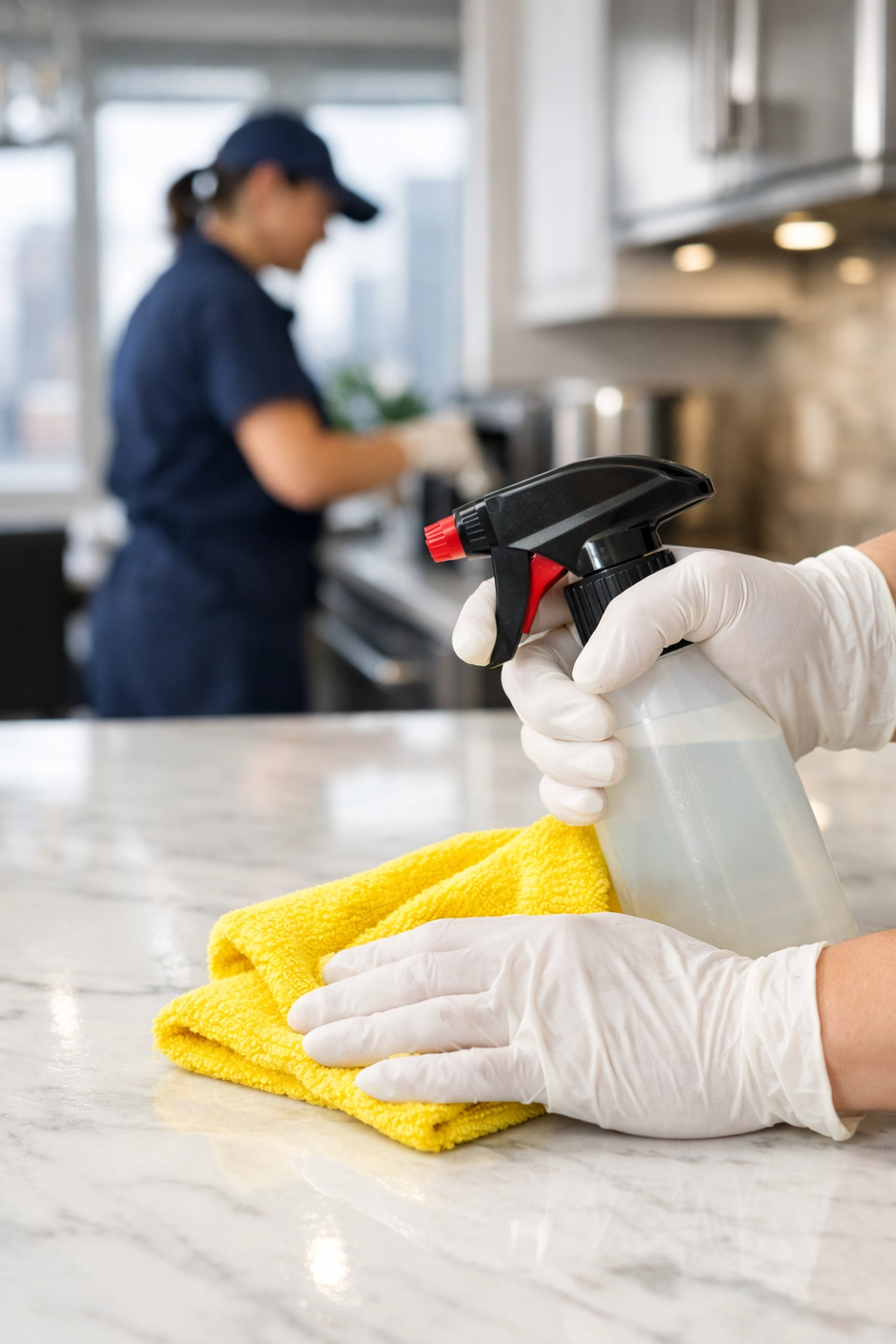 Professional hand sanitizing a marble counter with a microfiber cloth, the best Maid Service Boston in action.