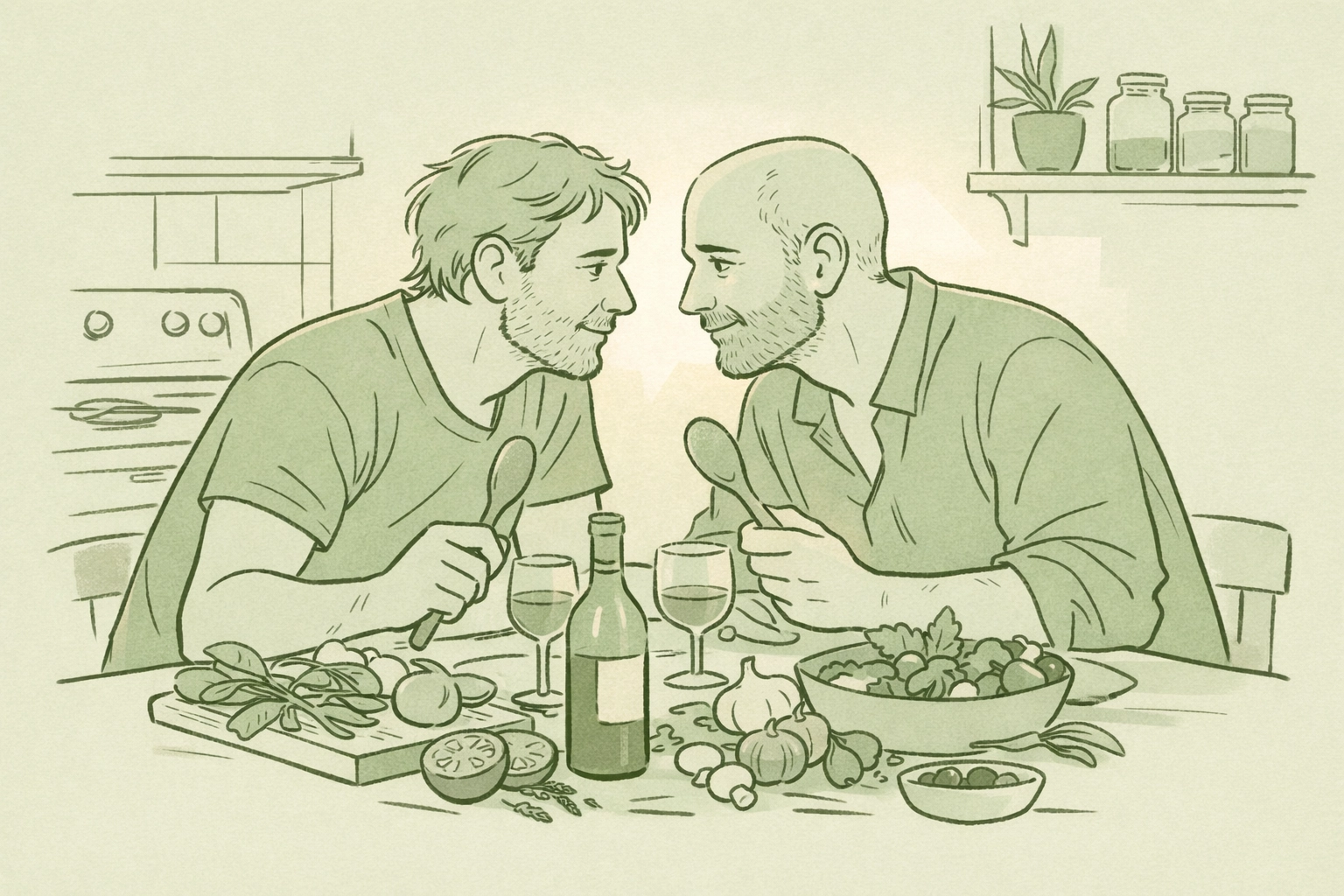 Gay couple bonding over cooking ingredients in heartfelt romance narrative