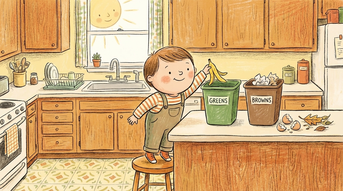 Cartoon child sorts kitchen compost, with two buckets for collecting green and brown materials for composting.