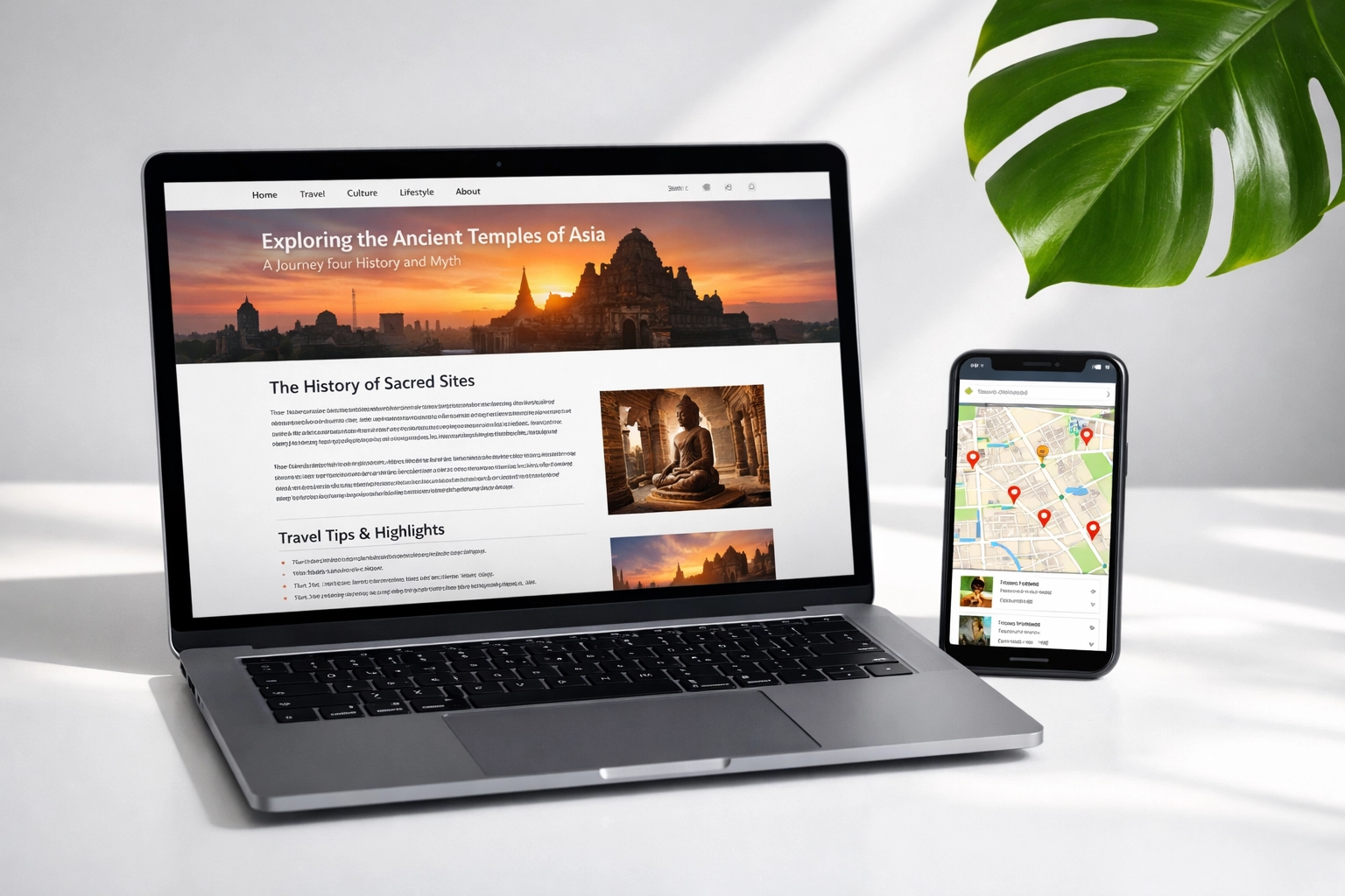 Laptop displaying website content with smartphone showing local business search results