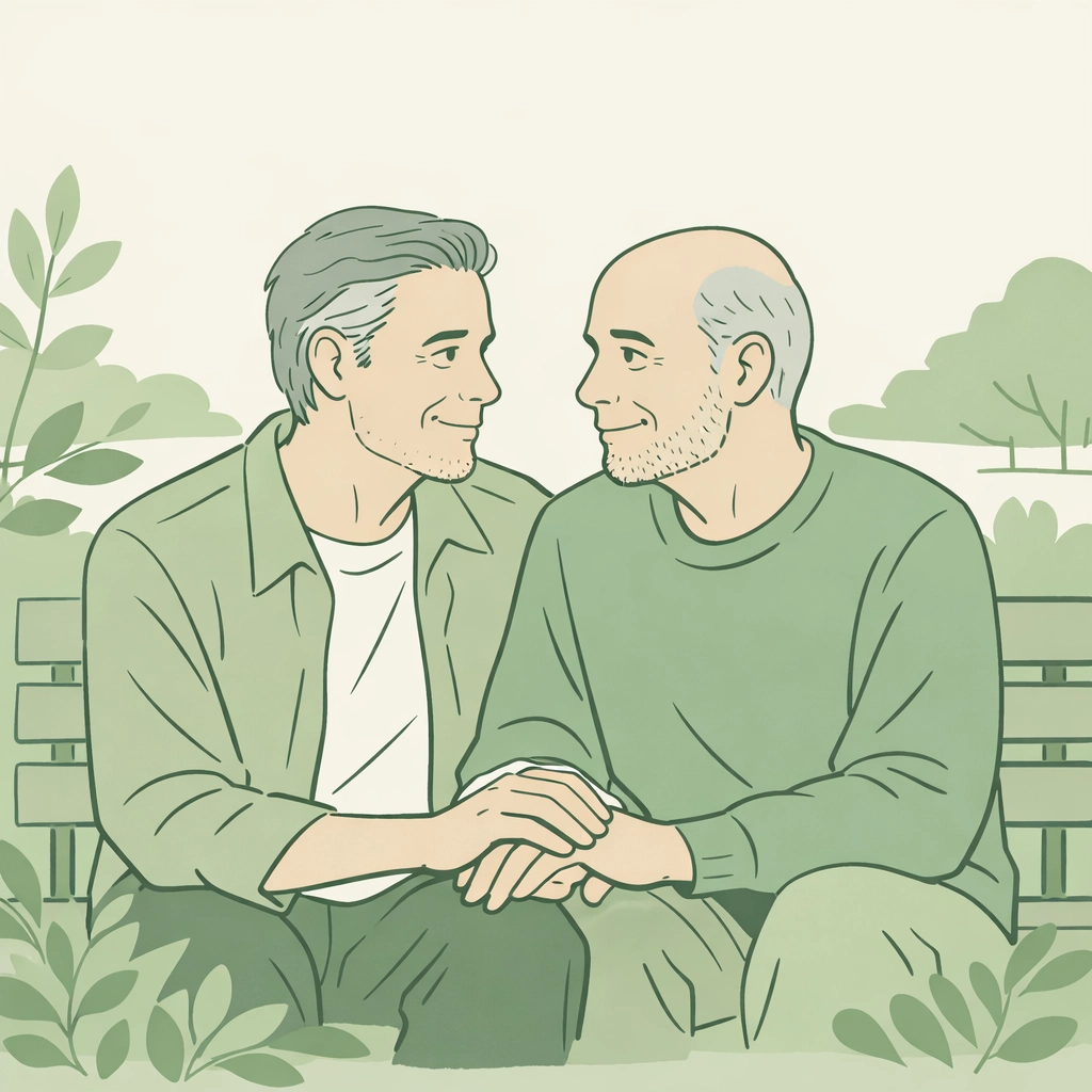 Two older men finding love later in life, illustrating the theme of coming out at midlife.