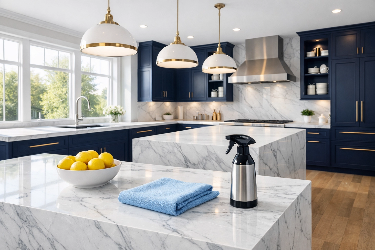 Spotless luxury kitchen in Dover, MA, showcasing residential cleaning Massachusetts results on marble surfaces.