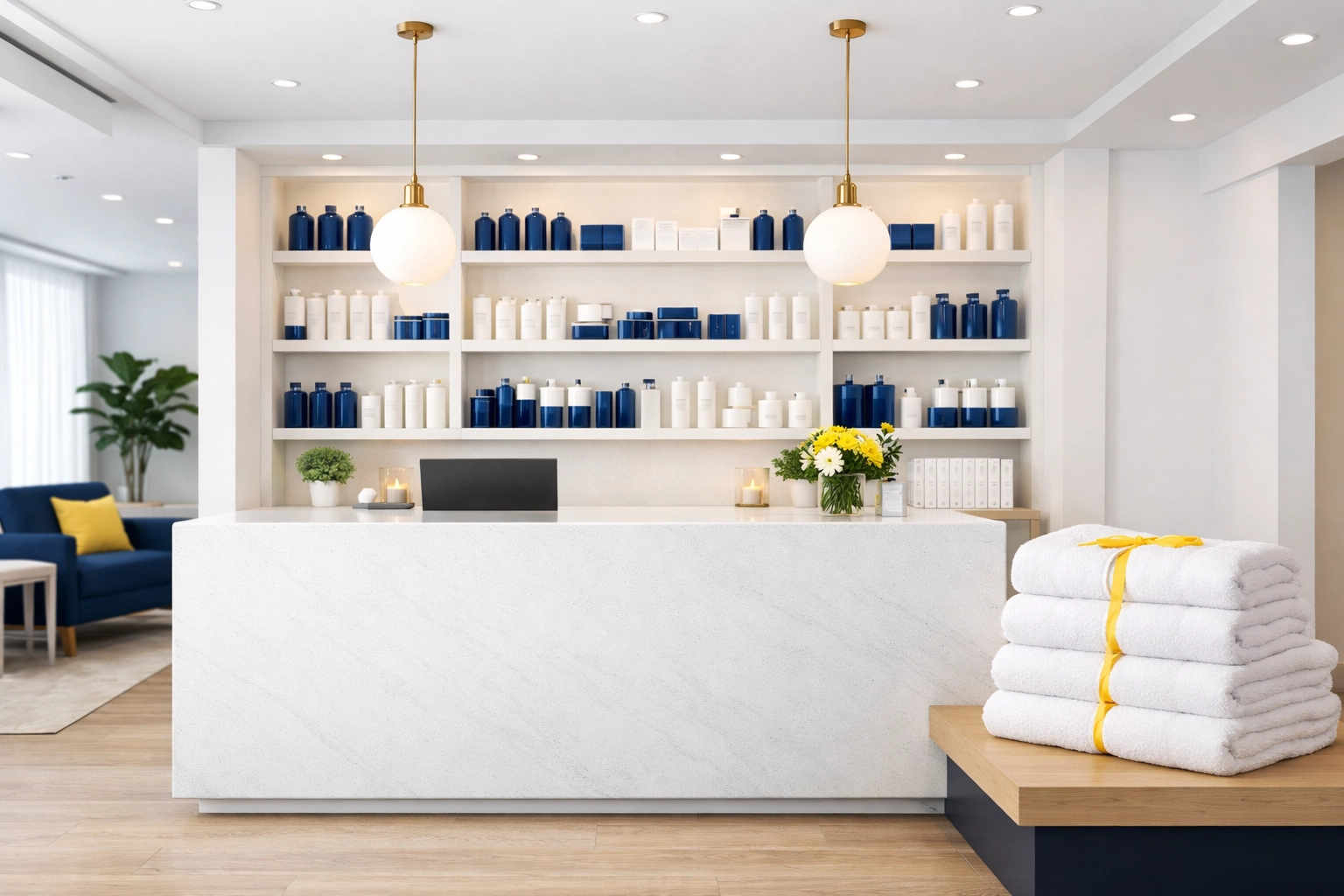 Spotless boutique salon reception area with organized retail shelving and fresh towels.