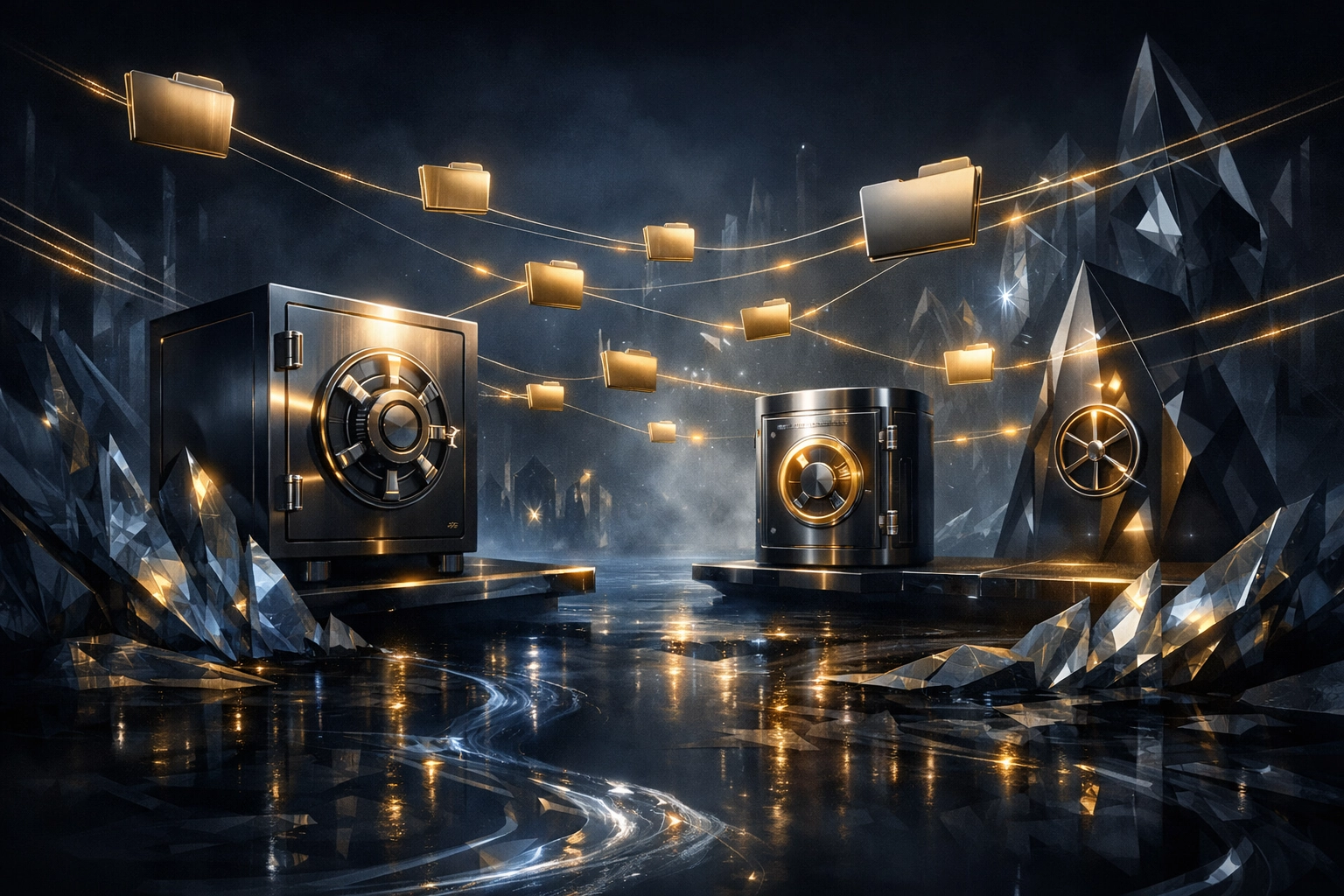 Multiple abstract digital vaults and floating folders connected by glowing data threads in a premium dark space.