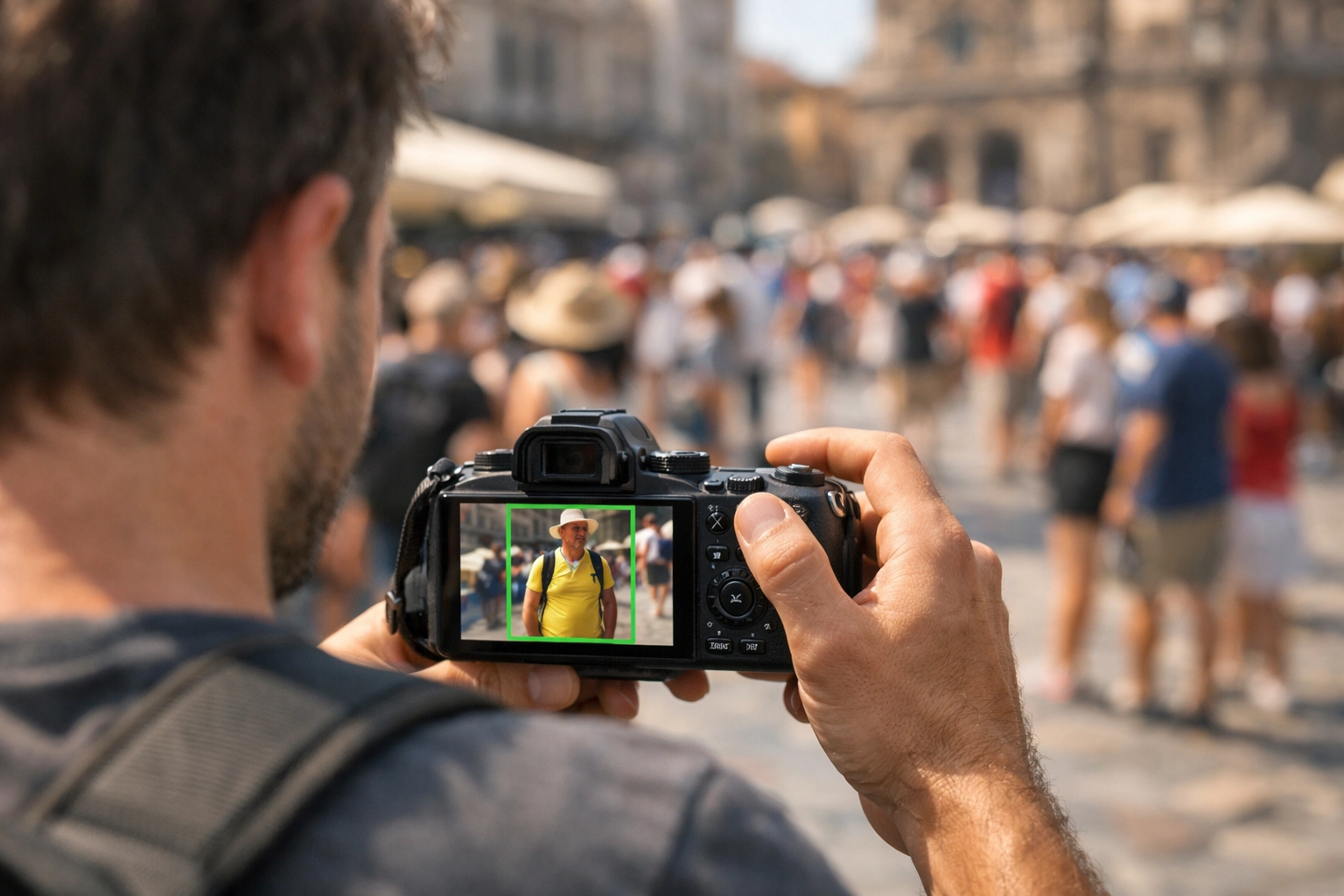 Photographer removing objects using the screen interface of AI-integrated mirrorless cameras in a plaza.