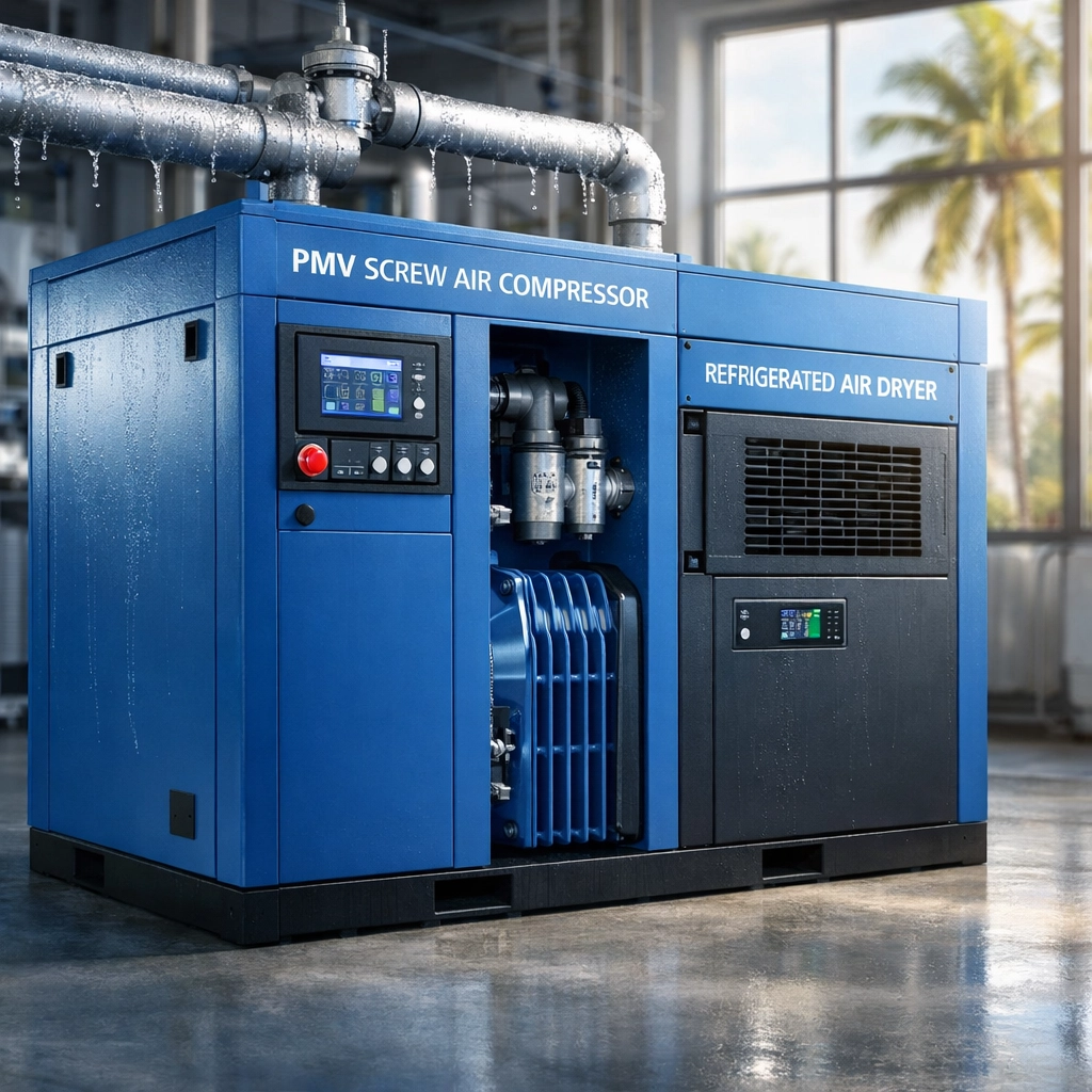 Refrigerated dryer unit integrated with screw air compressor in tropical manufacturing facility