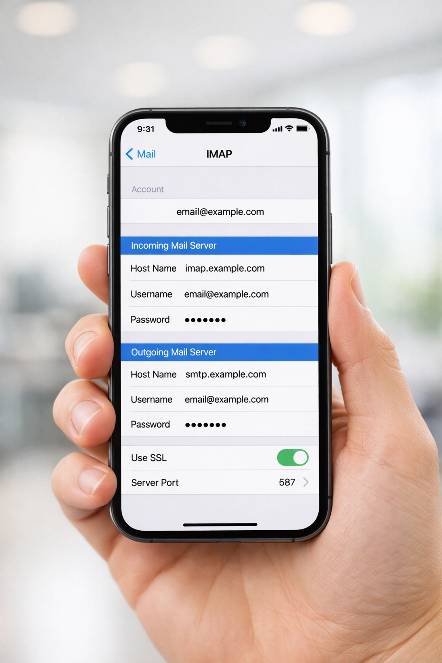 iPhone displaying mail settings screen for IMAP email configuration