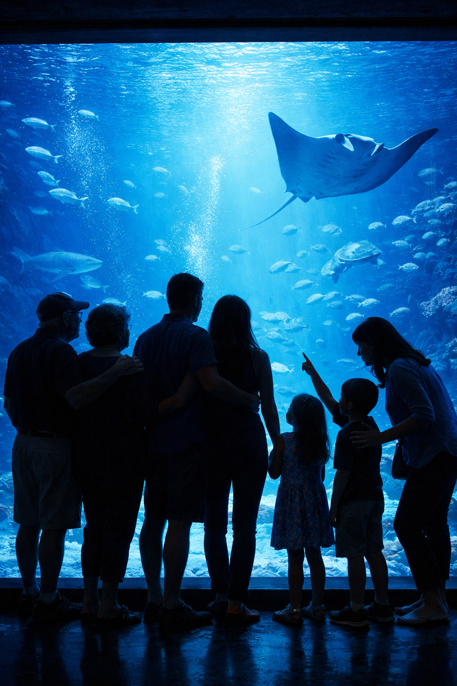 Family viewing marine habitat at aquarium window experiencing wildlife engagement
