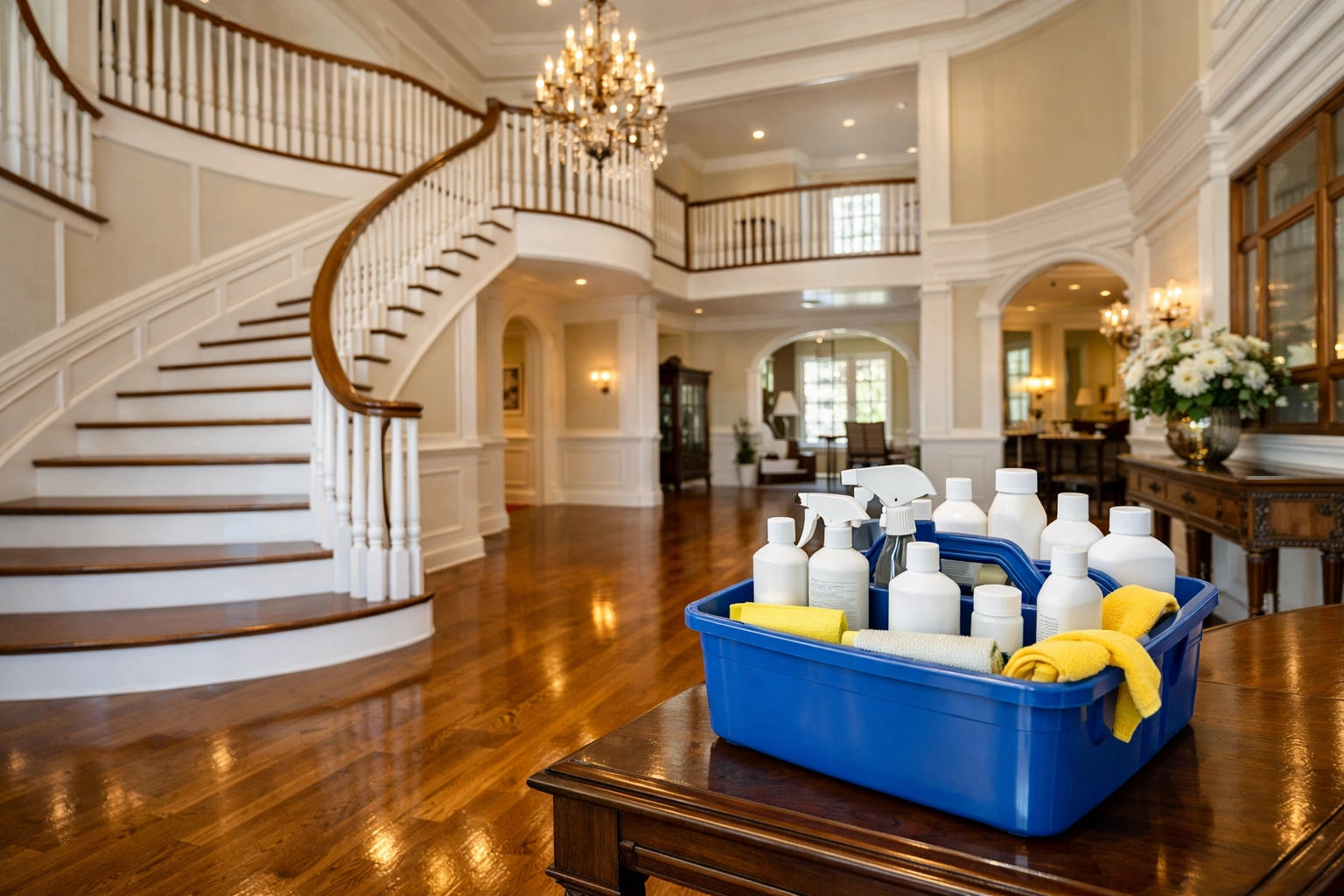 Professional cleaning supplies ready for a deep clean in a grand Leominster foyer with oak floors.