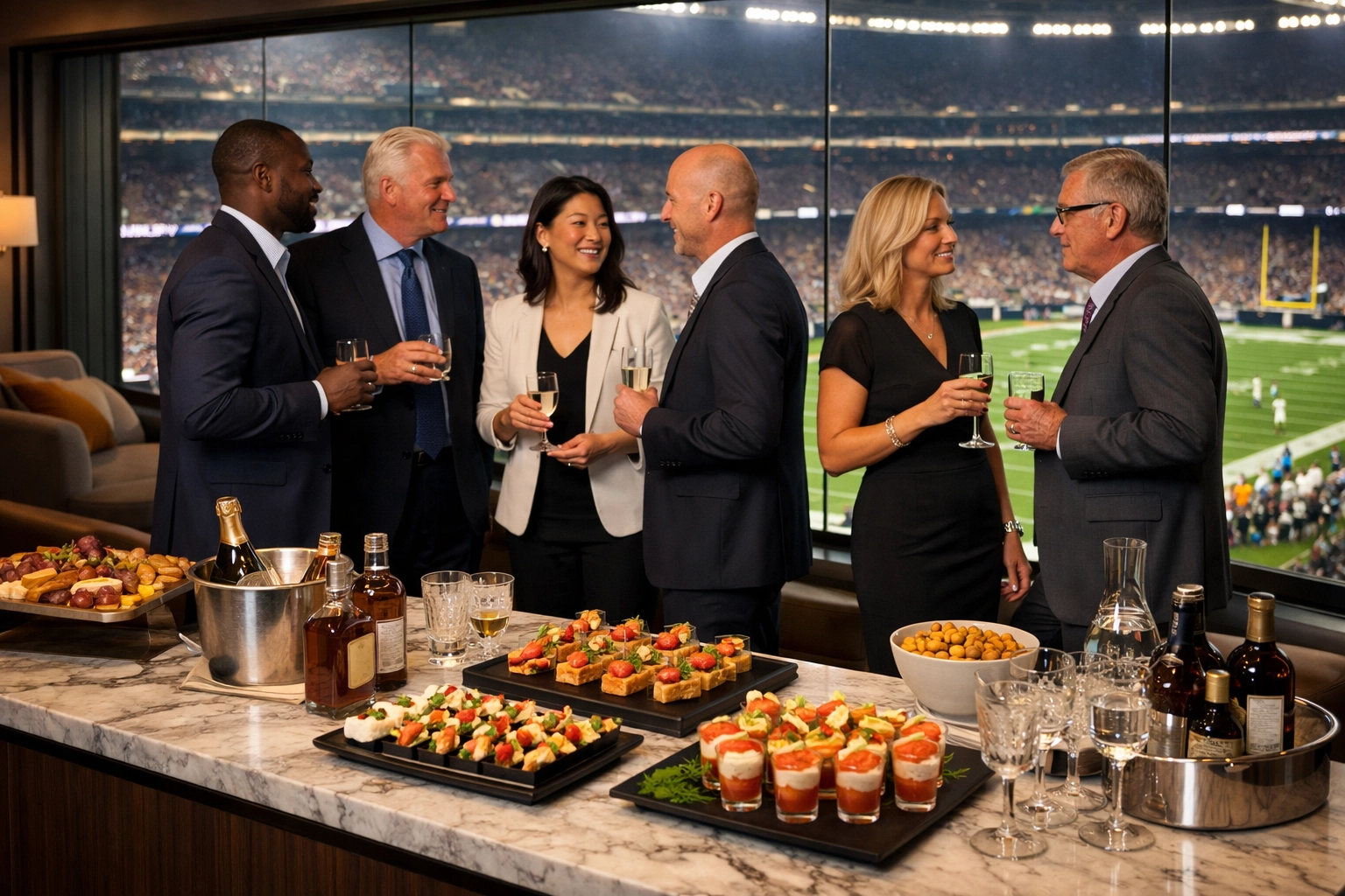 Executive VIP hospitality in a luxury stadium suite during a high-impact brand activation event.