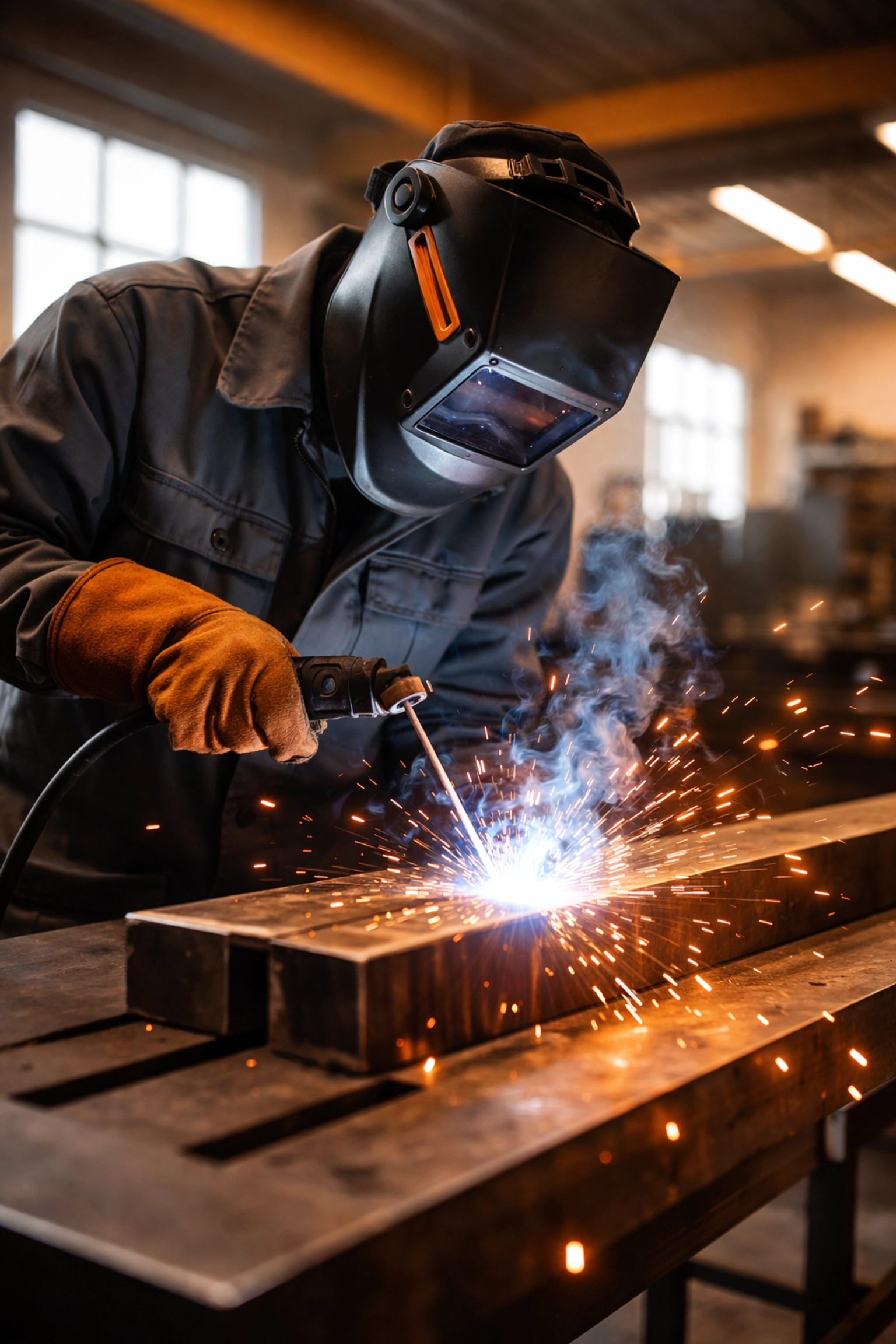 Professional welder performing MMA stick welding on steel in a UK workshop, with bright sparks and clear focus.