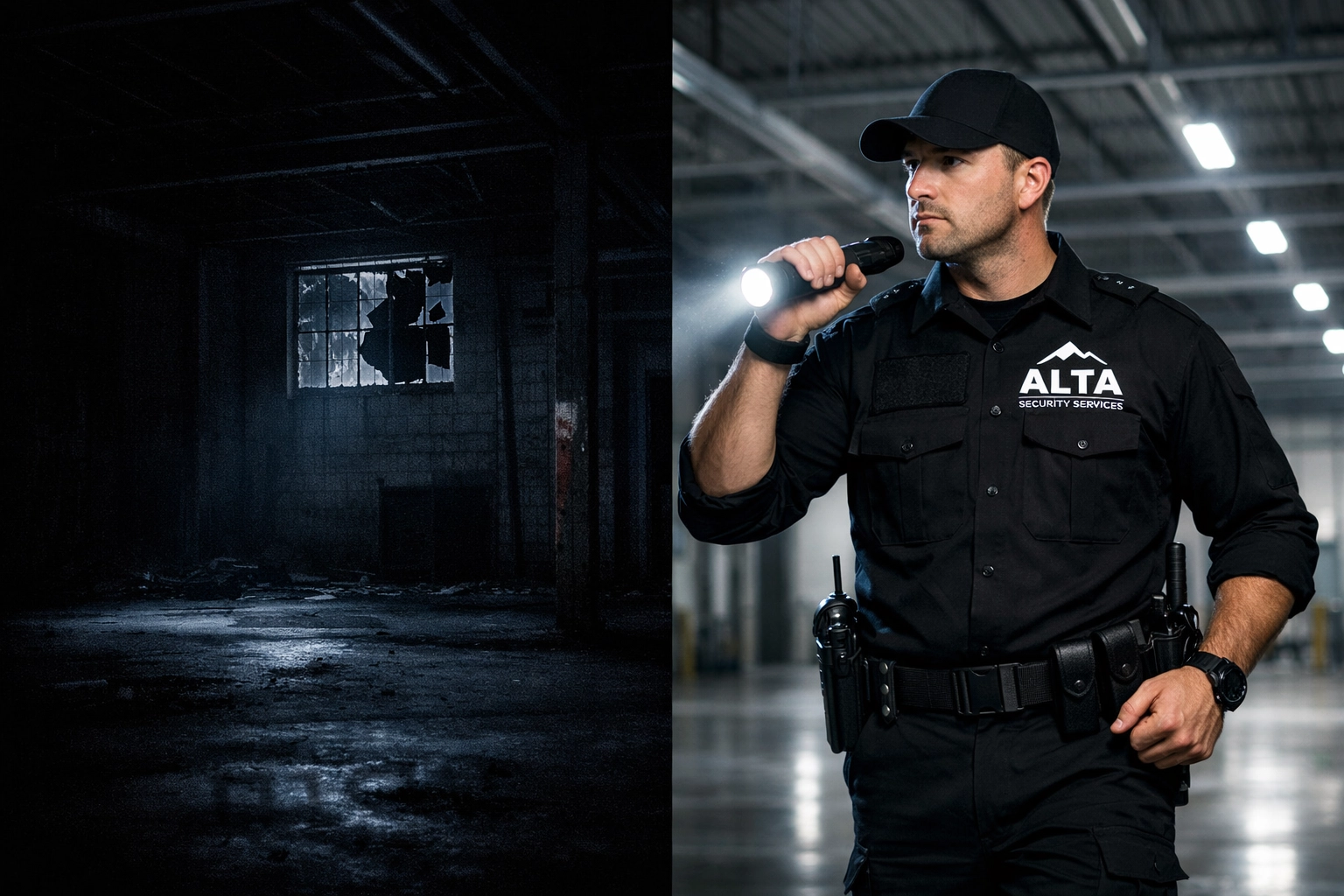 Before and after comparison showing warehouse secured by armed security guard on night patrol