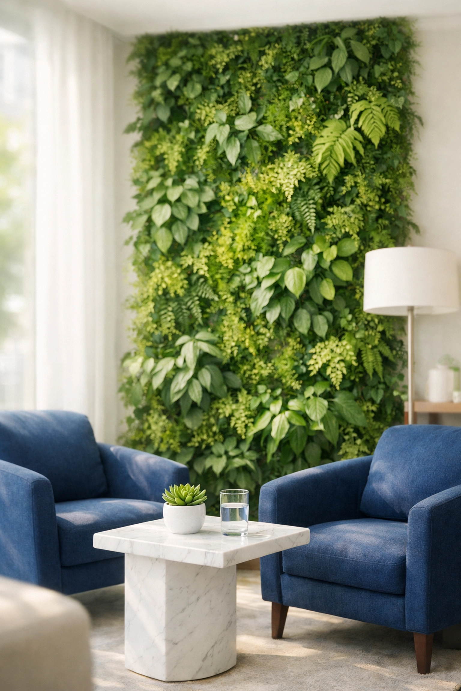 Healthy office lounge in Randolph MA with an eco-friendly green wall and clean, airy environment.