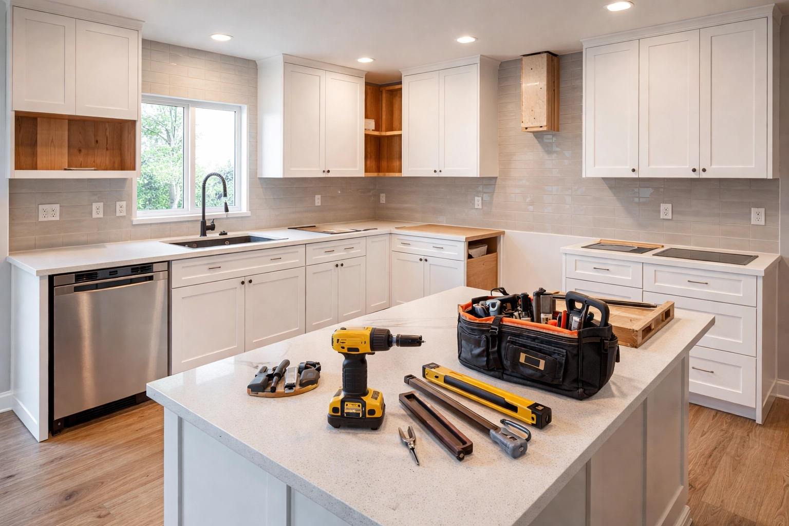 Orlando kitchen remodel in progress featuring new white shaker cabinets and quartz countertops being installed.