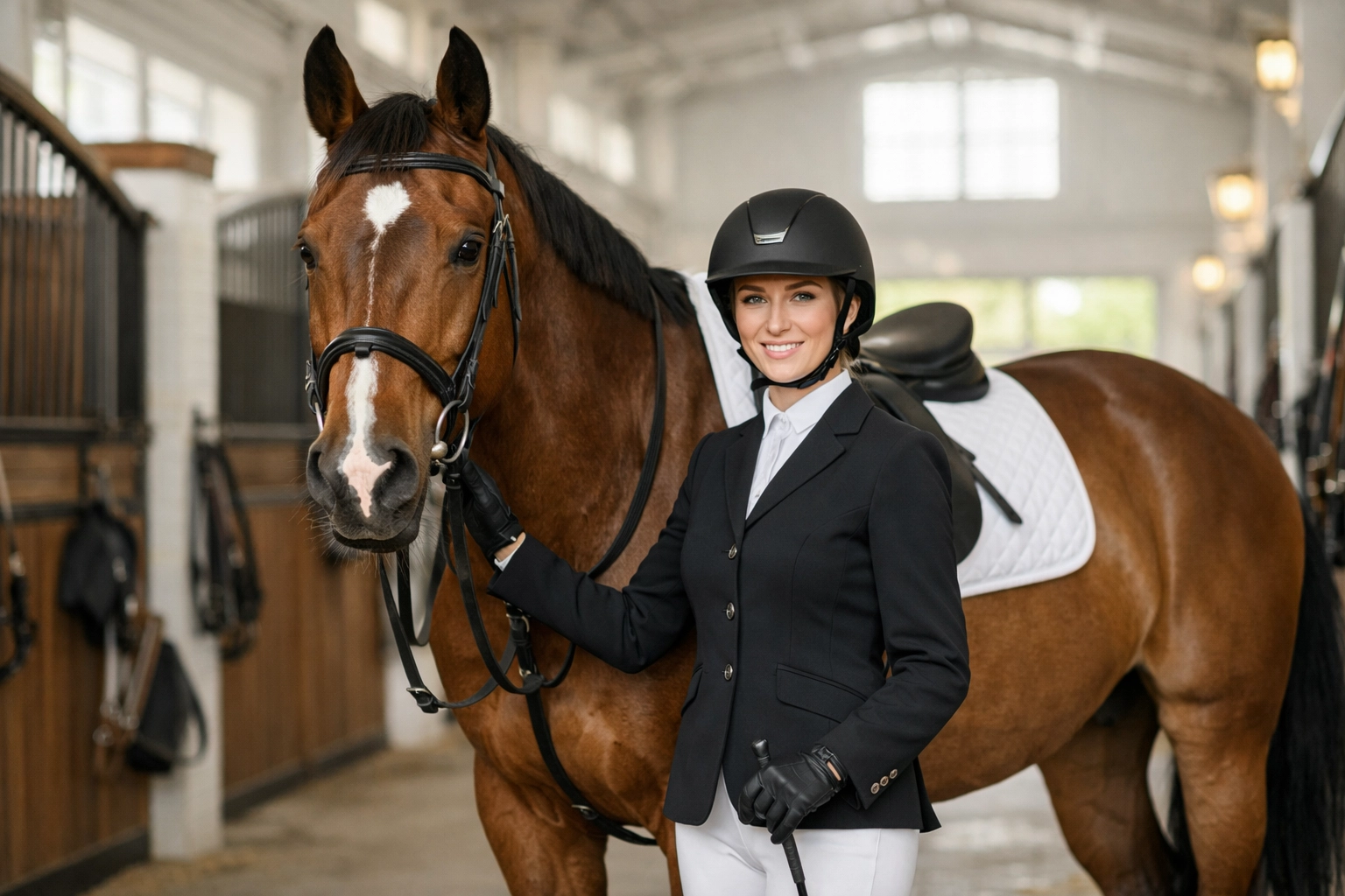 Equestrian athlete and horse in a stable, illustrating the benefits of animal and sports performance chiropractic.