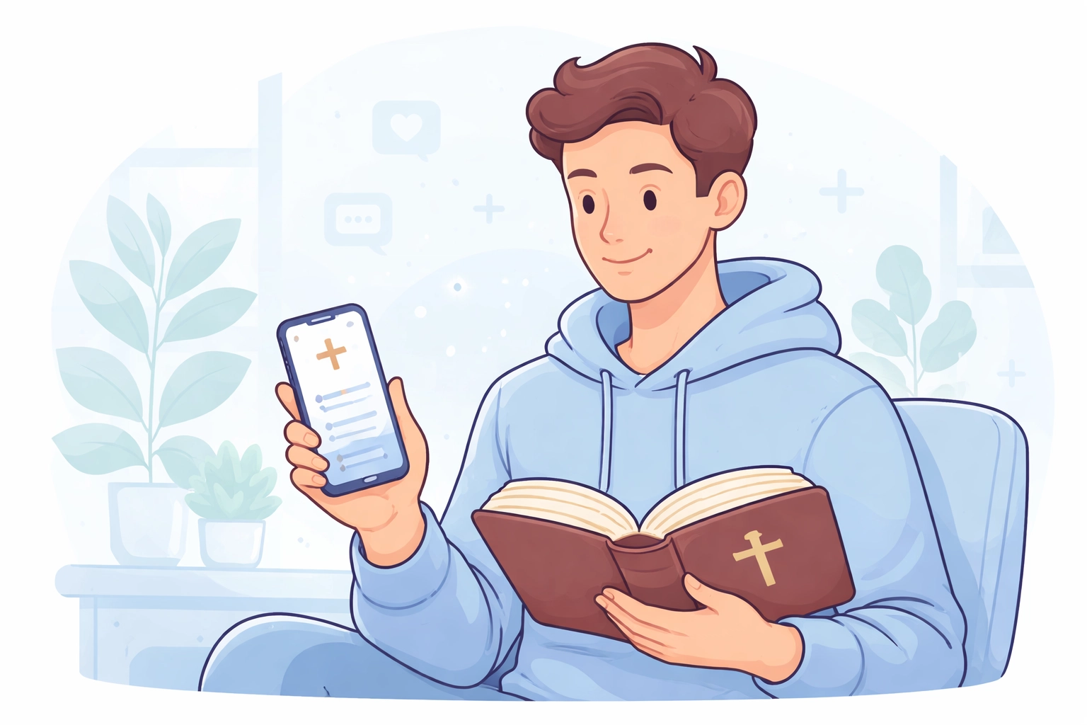 Christian using a discipleship app on their phone while studying the Bible