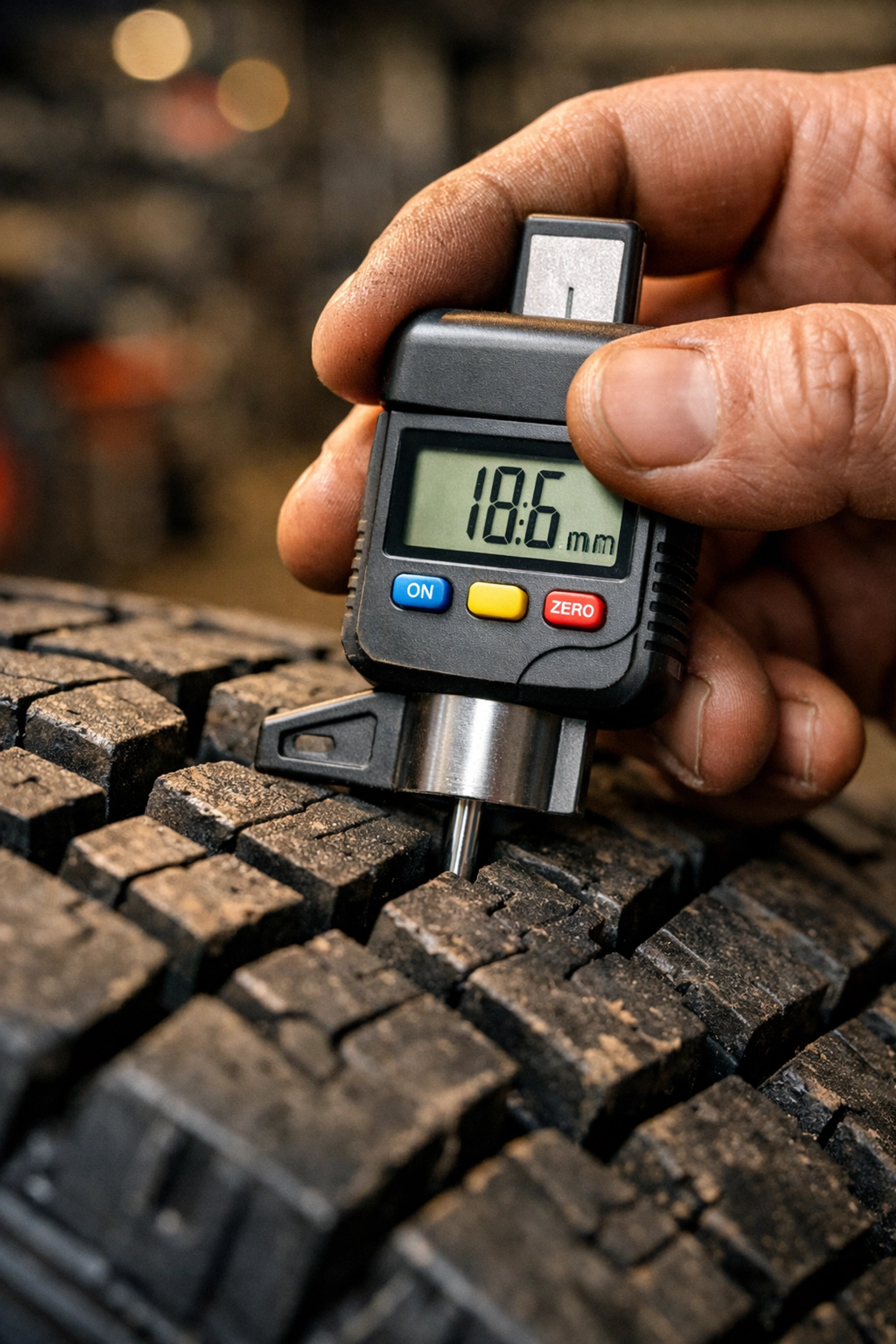 Technician using a digital gauge to check tire tread depth on a commercial vehicle for safety compliance.