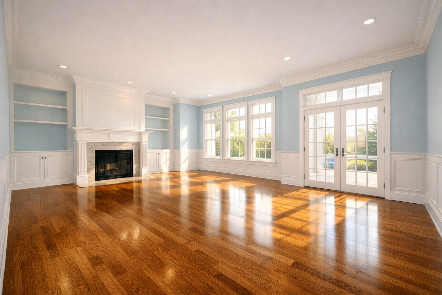 Clean and empty Shrewsbury living room with sparkling hardwood floors after a move-in house cleaning.