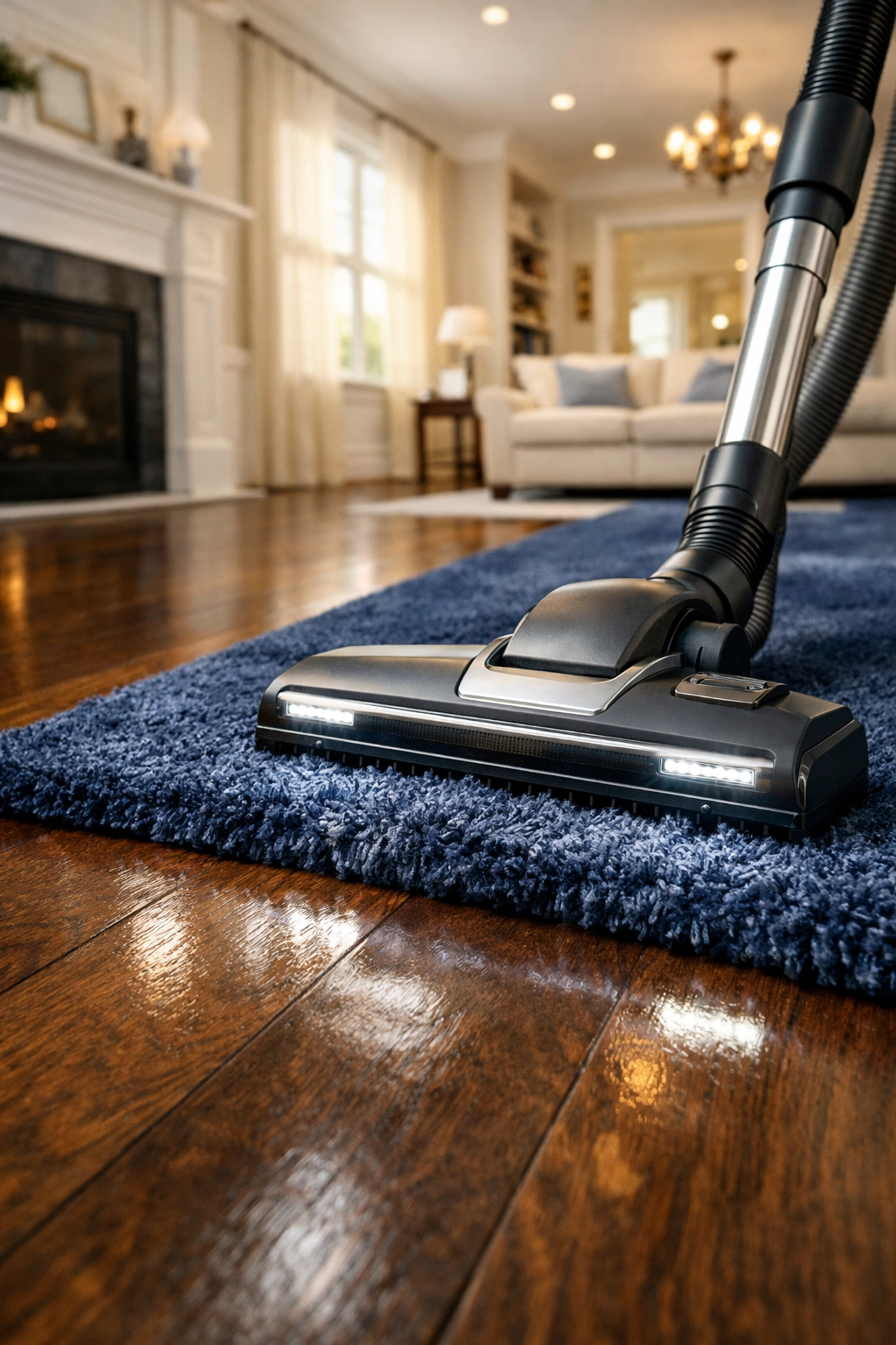 Deep extraction residential cleaning Massachusetts using HEPA vacuums on high-end hardwood and area rugs.
